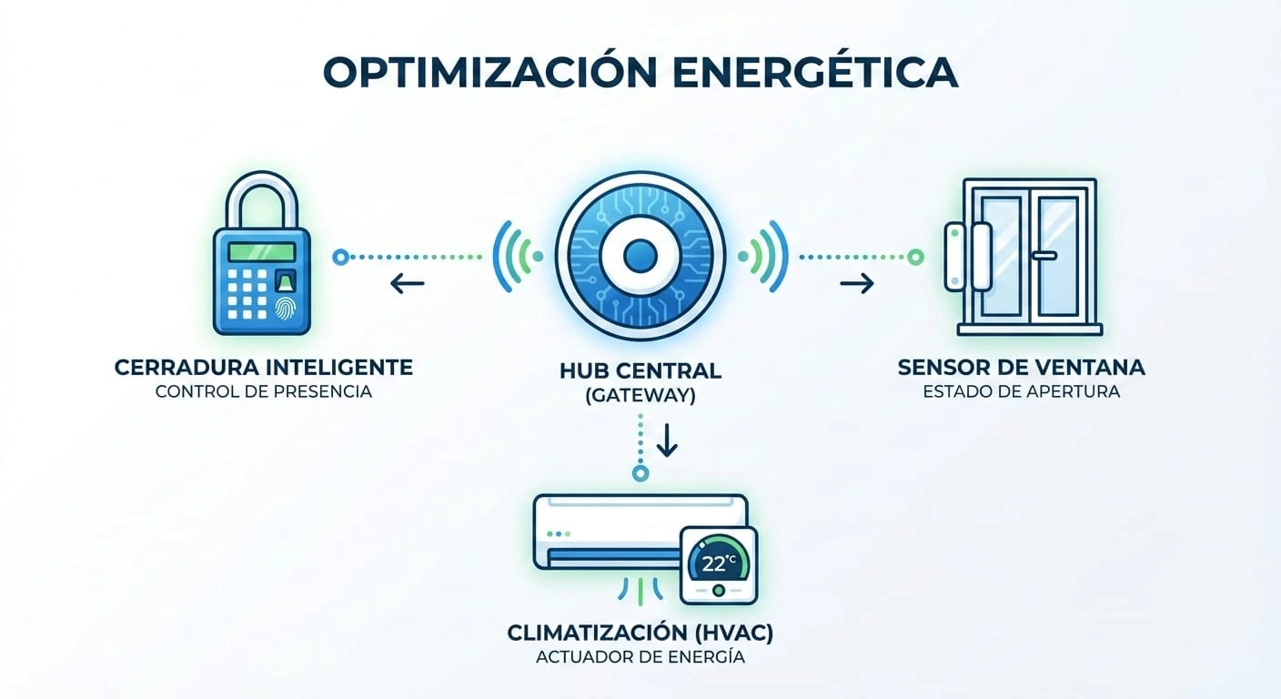 Diagrama técnico horizontal que muestra la interconexión inalámbrica entre cerraduras inteligentes, sensores de ventana y hubs de climatización para optimizar el consumo energético