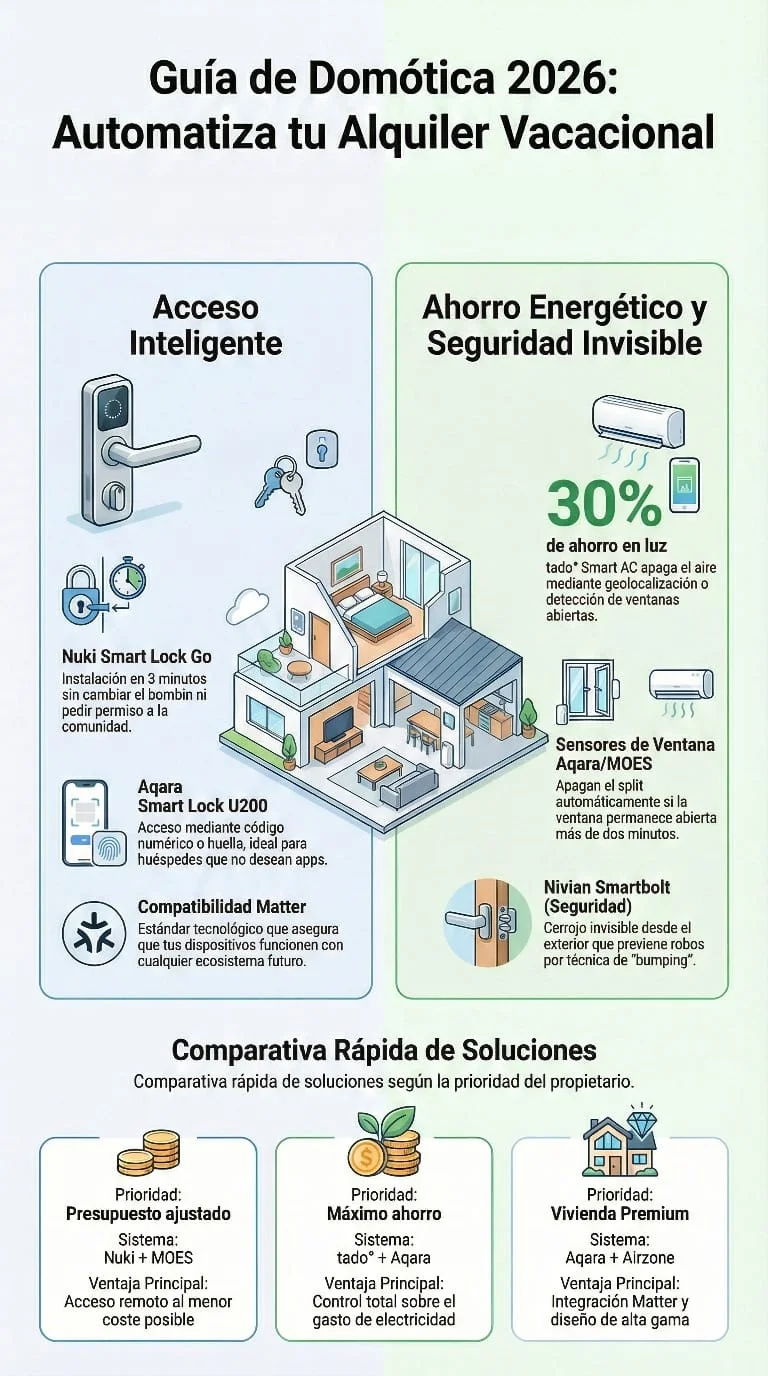 Infografía comparativa de perfiles de propietario para alquiler vacacional: ahorro energético, seguridad máxima y gestión premium con desglose de dispositivos recomendados