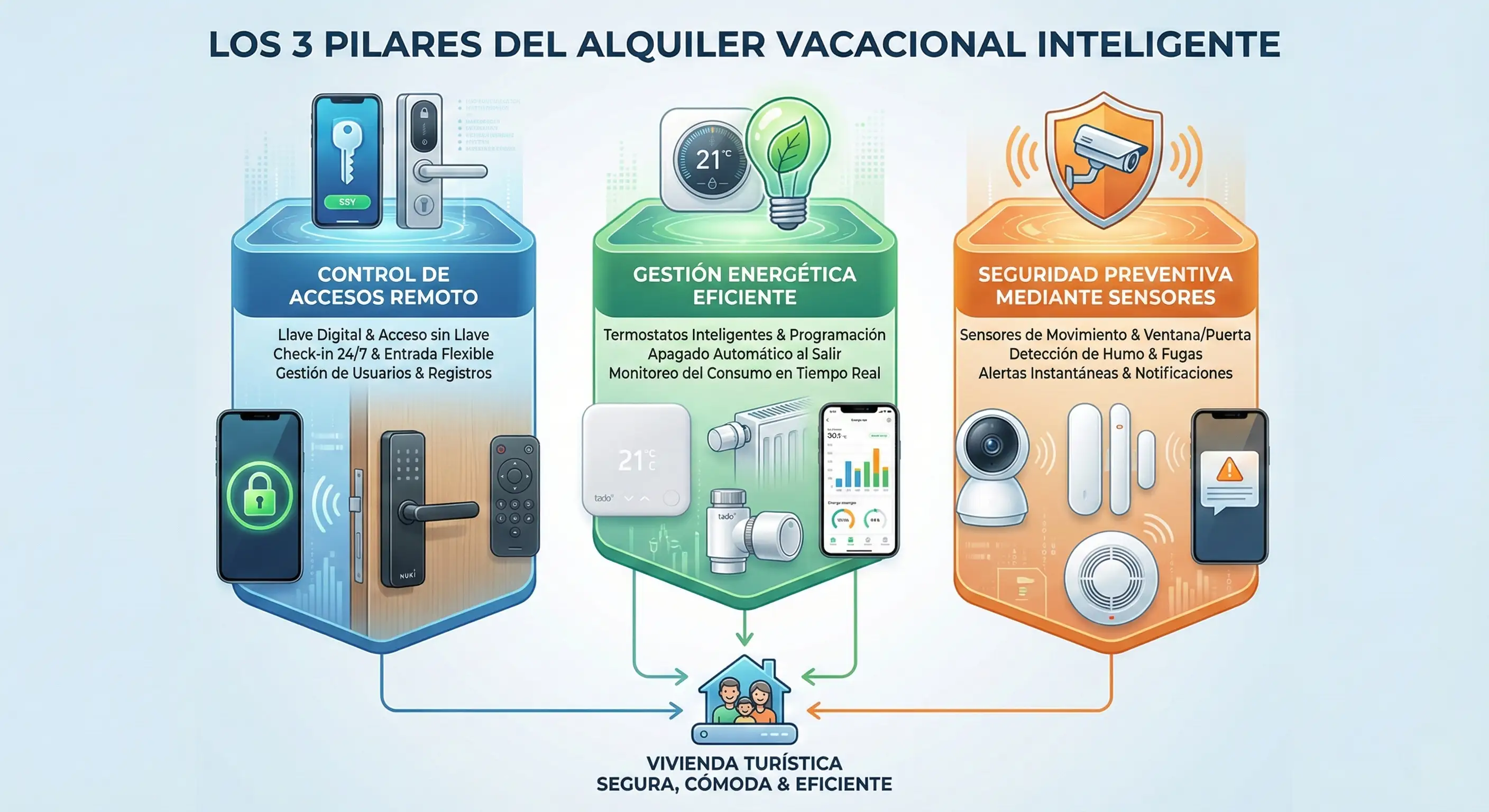 Infografía conceptual que muestra los tres pilares del alquiler vacacional inteligente: control de accesos remoto, gestión energética eficiente y seguridad preventiva mediante sensores.