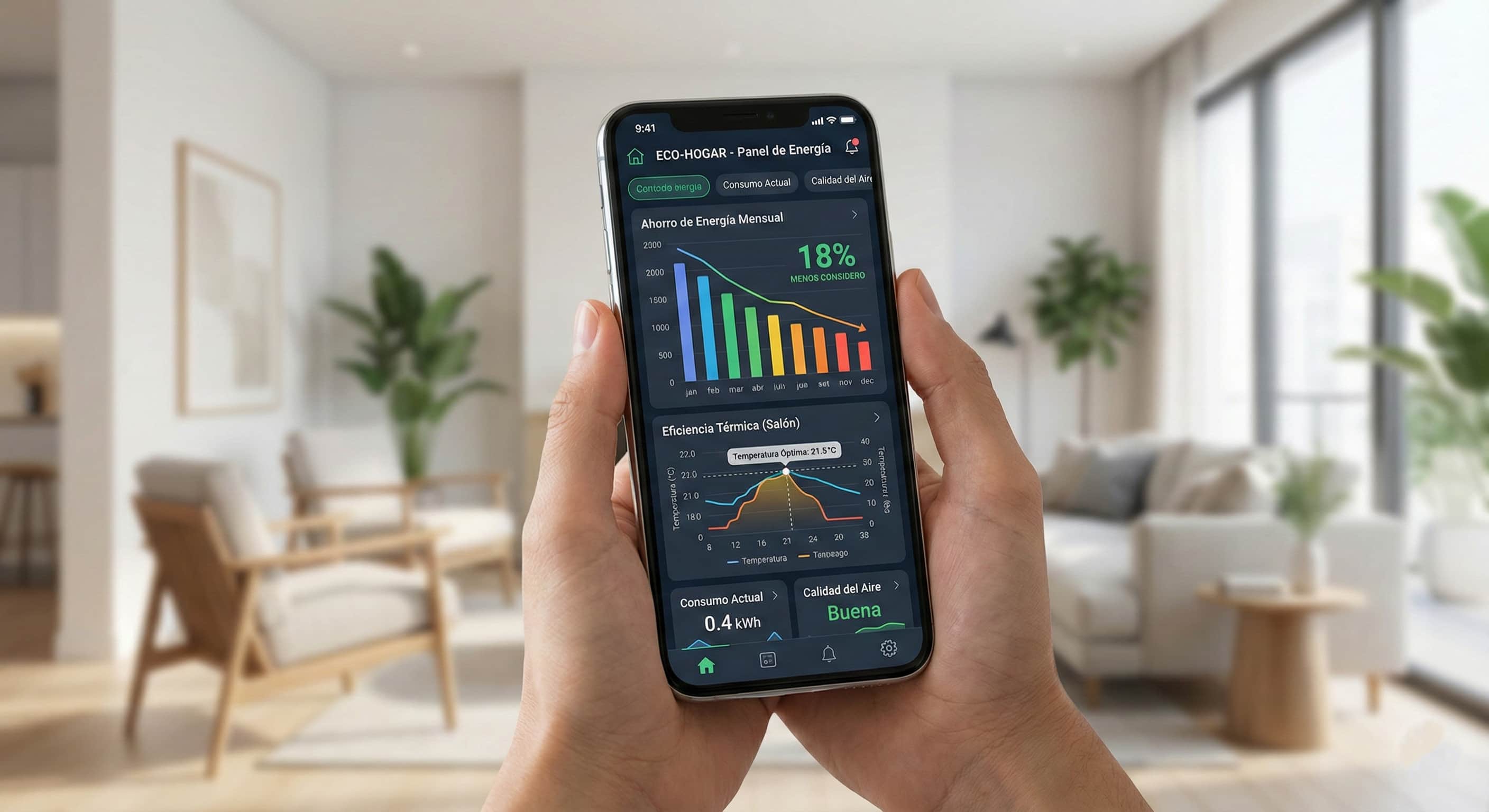 Panel de control de una aplicación de domótica en un smartphone mostrando gráficas de ahorro de energía y eficiencia térmica en un salón moderno.