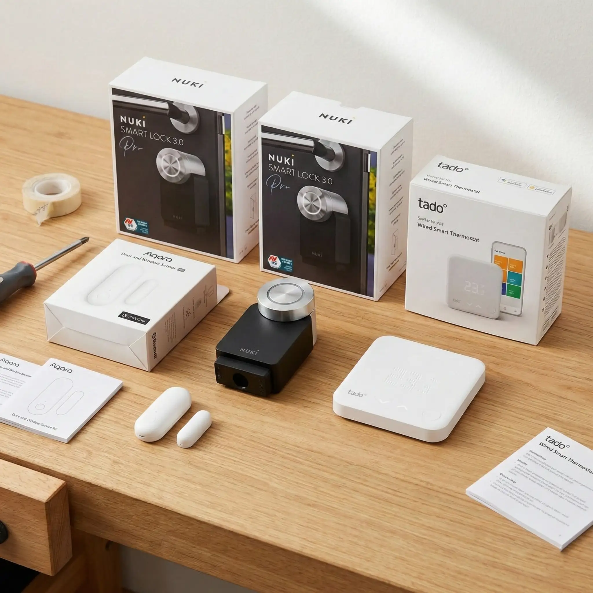 Bodegón técnico que muestra una cerradura inteligente Nuki, un sensor Aqara y un controlador Tado con sus cajas originales, sugiriendo una instalación sencilla tipo DIY.