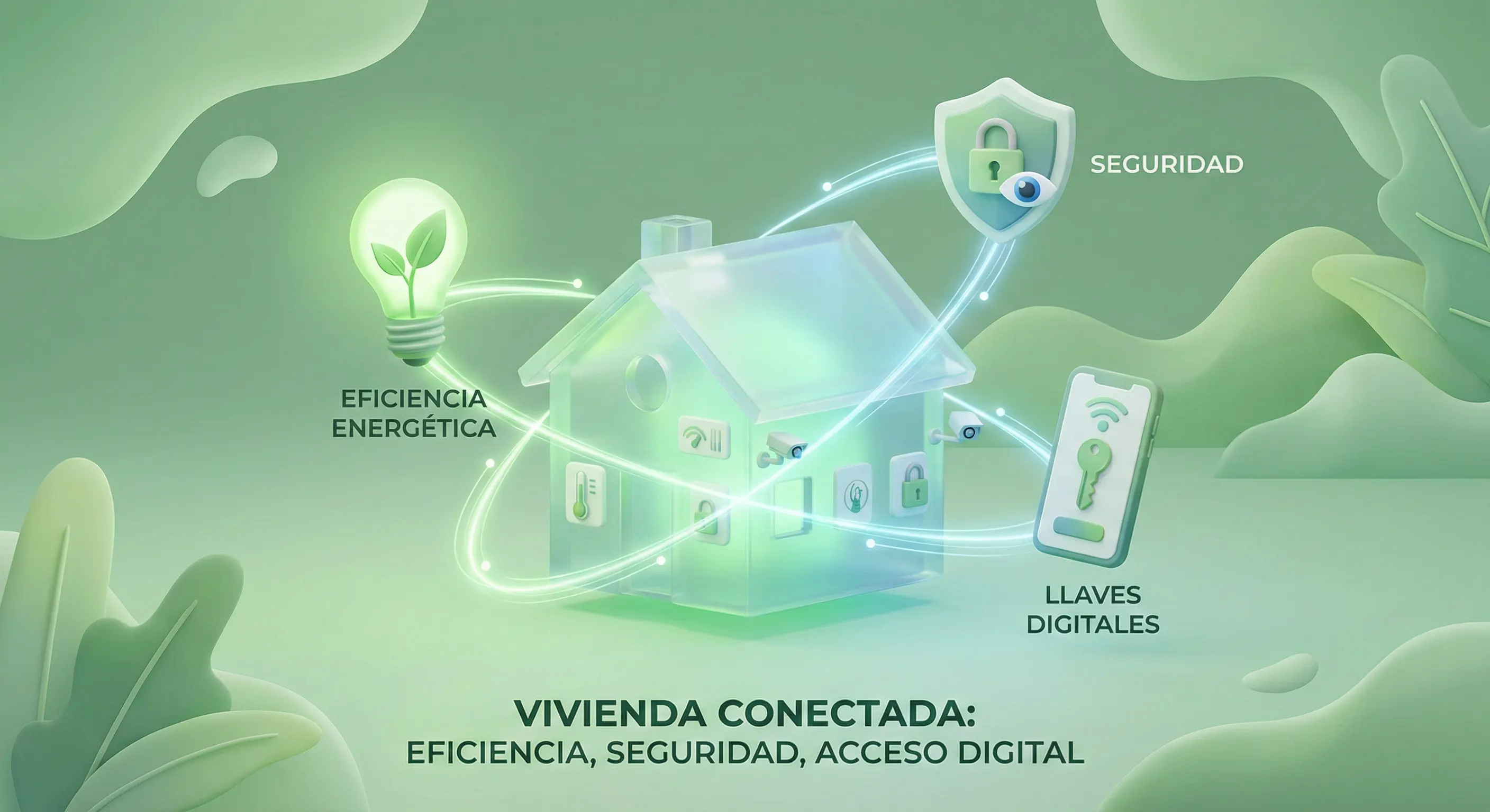Gráfico conceptual 3D que representa una vivienda conectada con iconos de eficiencia energética, seguridad y llaves digitales sobre un fondo verde relajante.