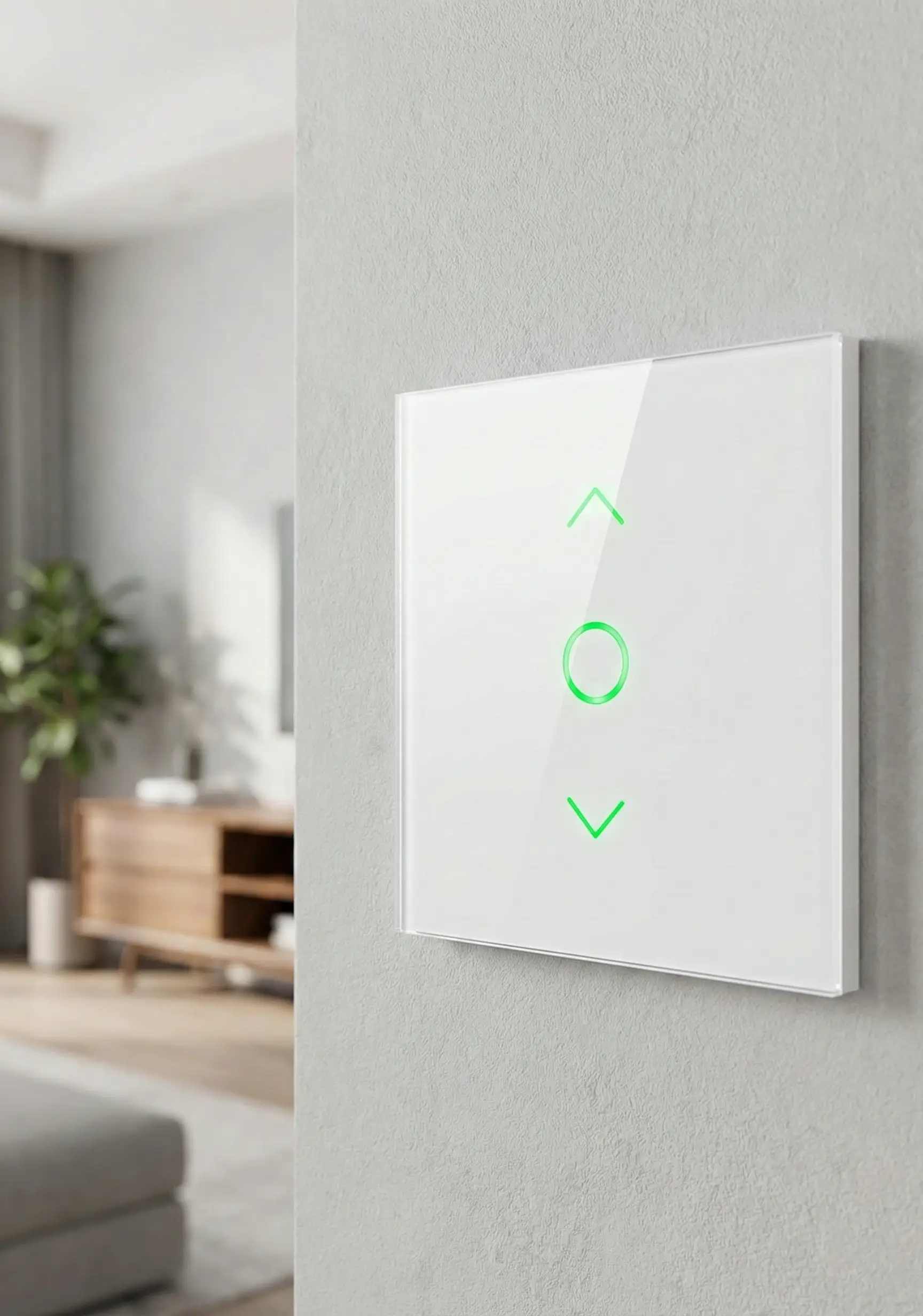 Primer plano de un interruptor inteligente Meross con botones táctiles e indicadores LED discretos instalado en una vivienda moderna