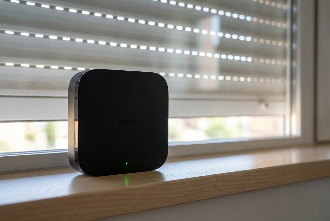 Hub Aqara M3 situado discretamente junto a una ventana con persianas automáticas, destacando su diseño minimalista y el indicador LED de conexión Zigbee estable