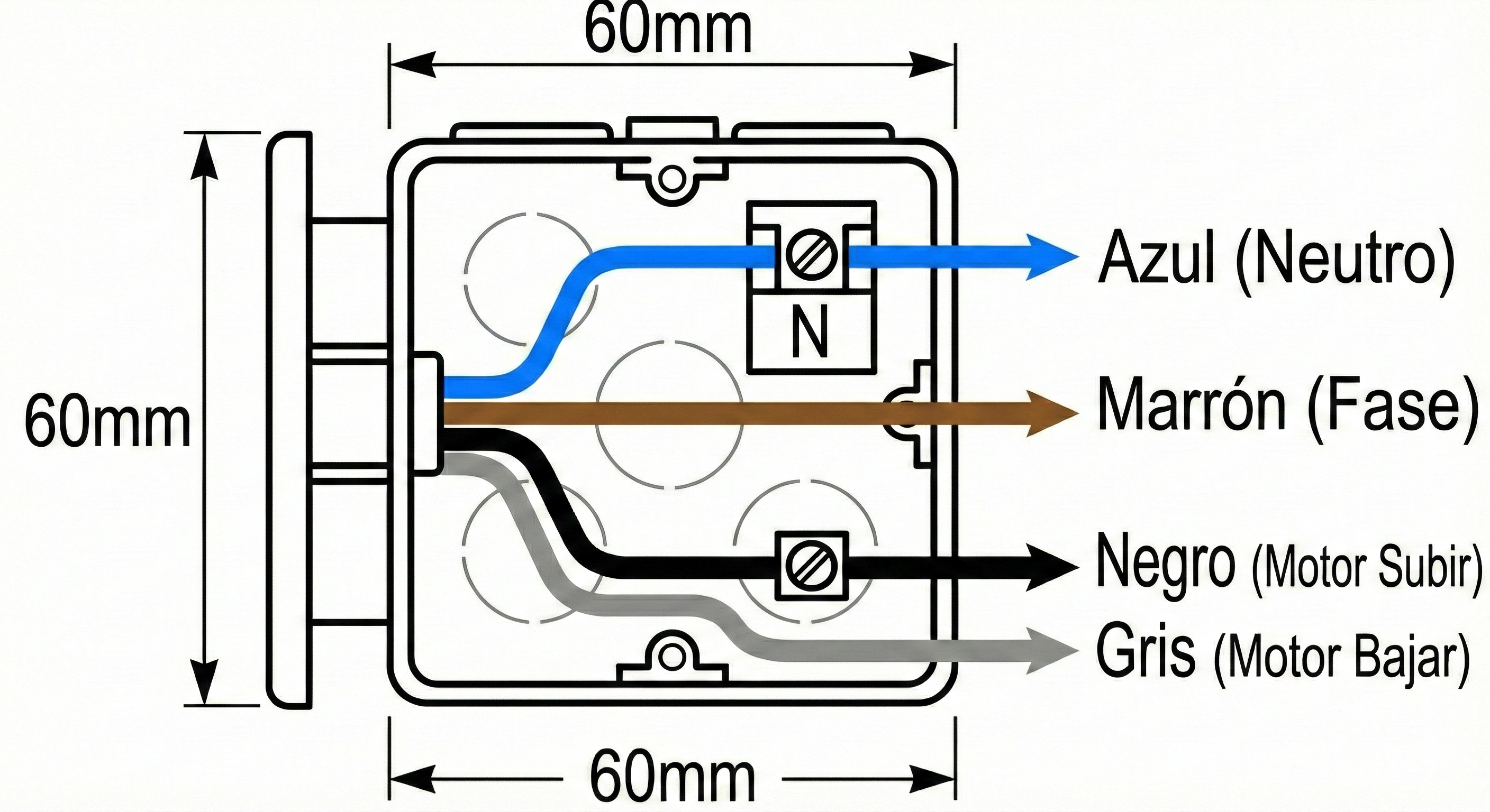 Diagrama técnico de un cajetín de pared de 60mm con estilo lineal limpio que muestra la conexión de cables estándar europeos: Azul (Neutro) al borne N, Marrón (Fase) y Negro (Motor), facilitando la instalación segura