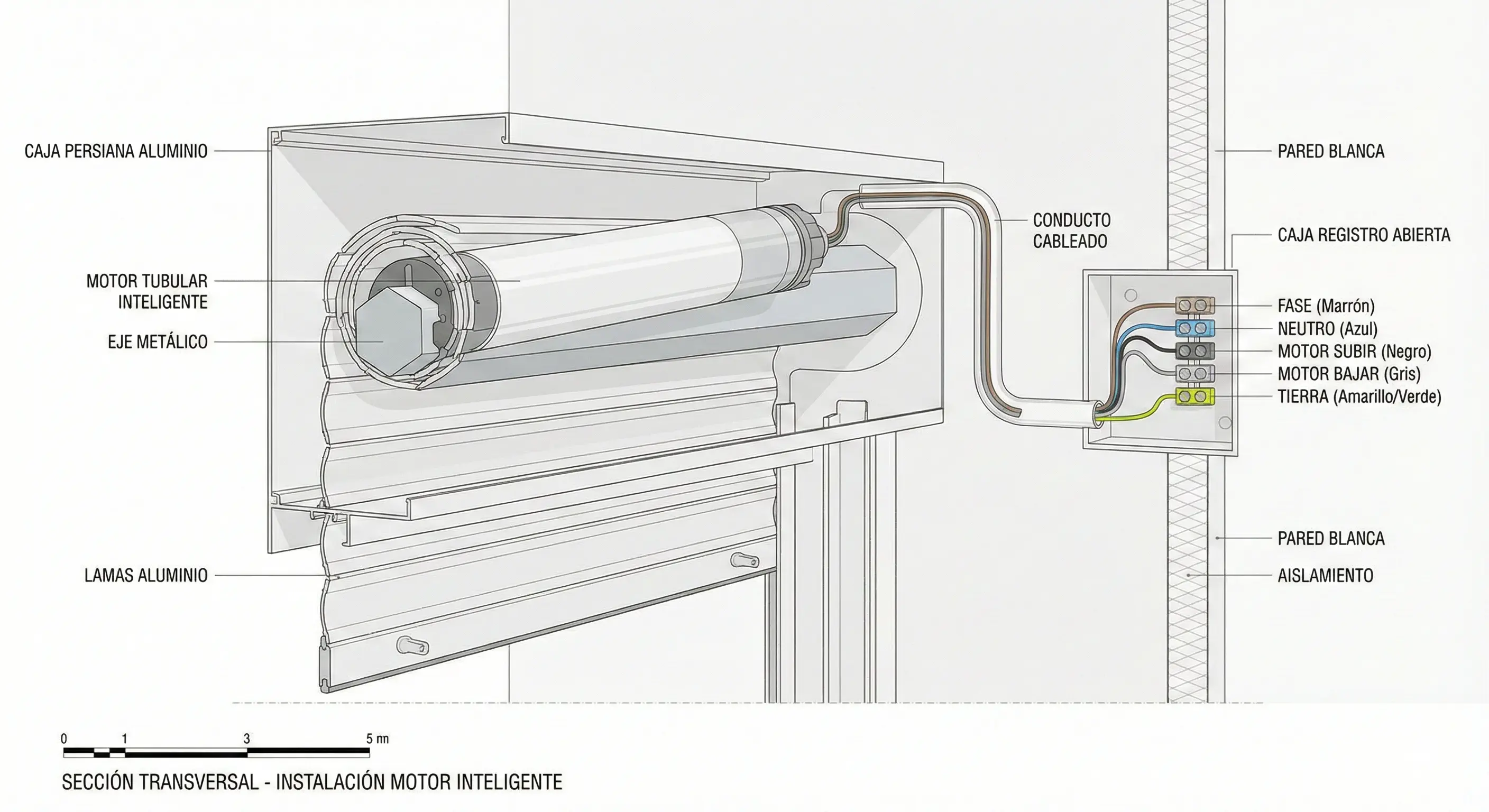 Corte transversal detallado de un motor tubular inteligente instalado en el eje de una persiana de aluminio con cableado profesional hacia una caja de registro