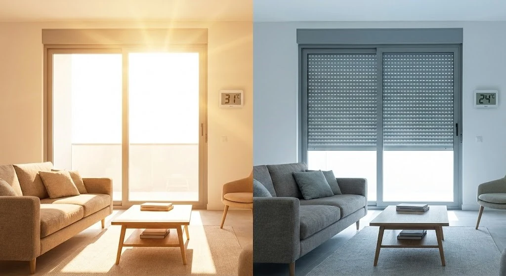 Comparativa visual de un salón moderno: a la izquierda sol directo con termómetro digital minimalista en 31°C; a la derecha persiana bajada al 80% con ambiente fresco y termómetro en 24°C