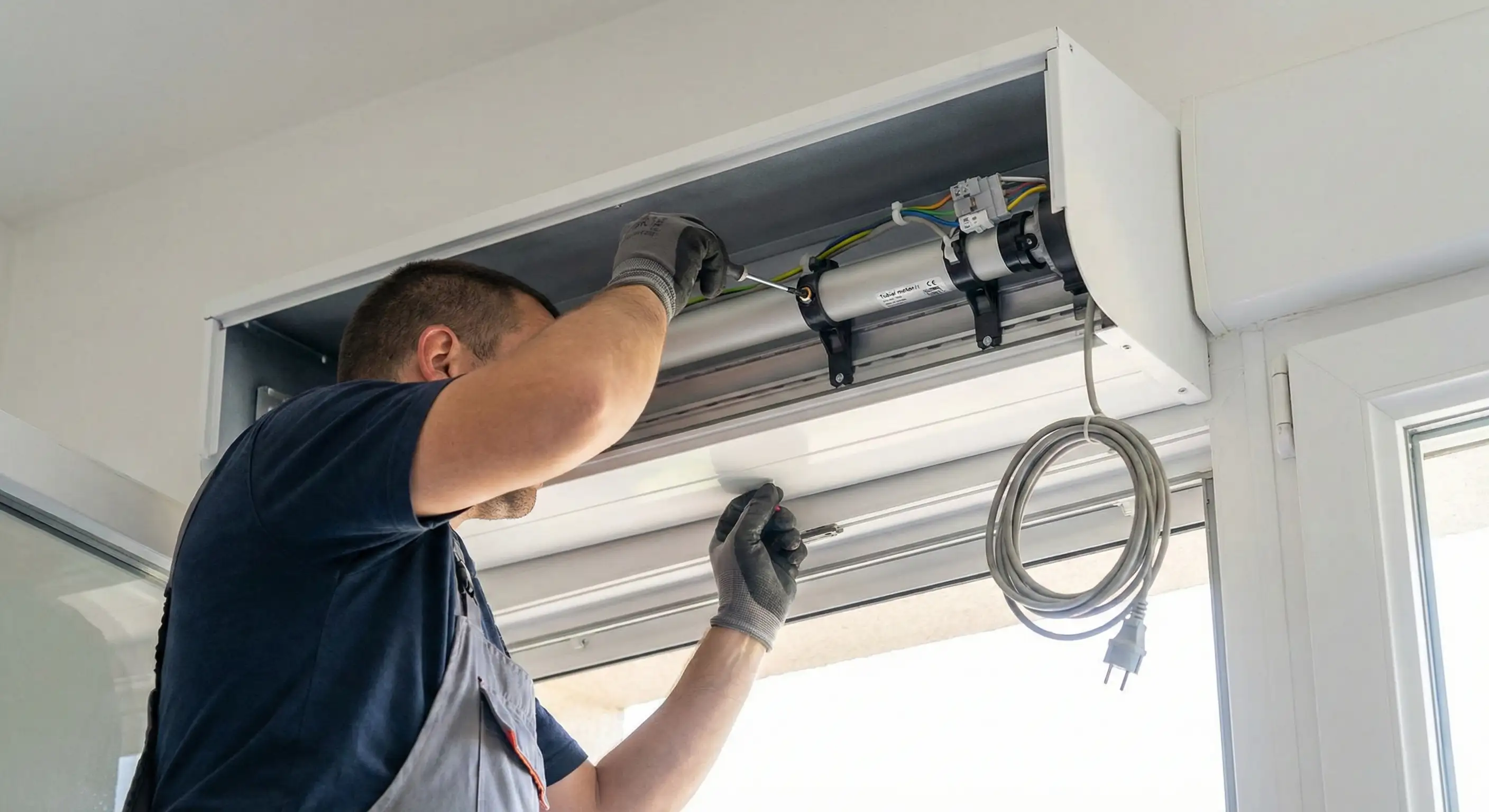 Técnico profesional de domótica ajustando los límites de carrera de un motor tubular inteligente dentro del cajón de la persiana. Se muestra la herramienta de ajuste de precisión y el cableado organizado en un entorno luminoso.