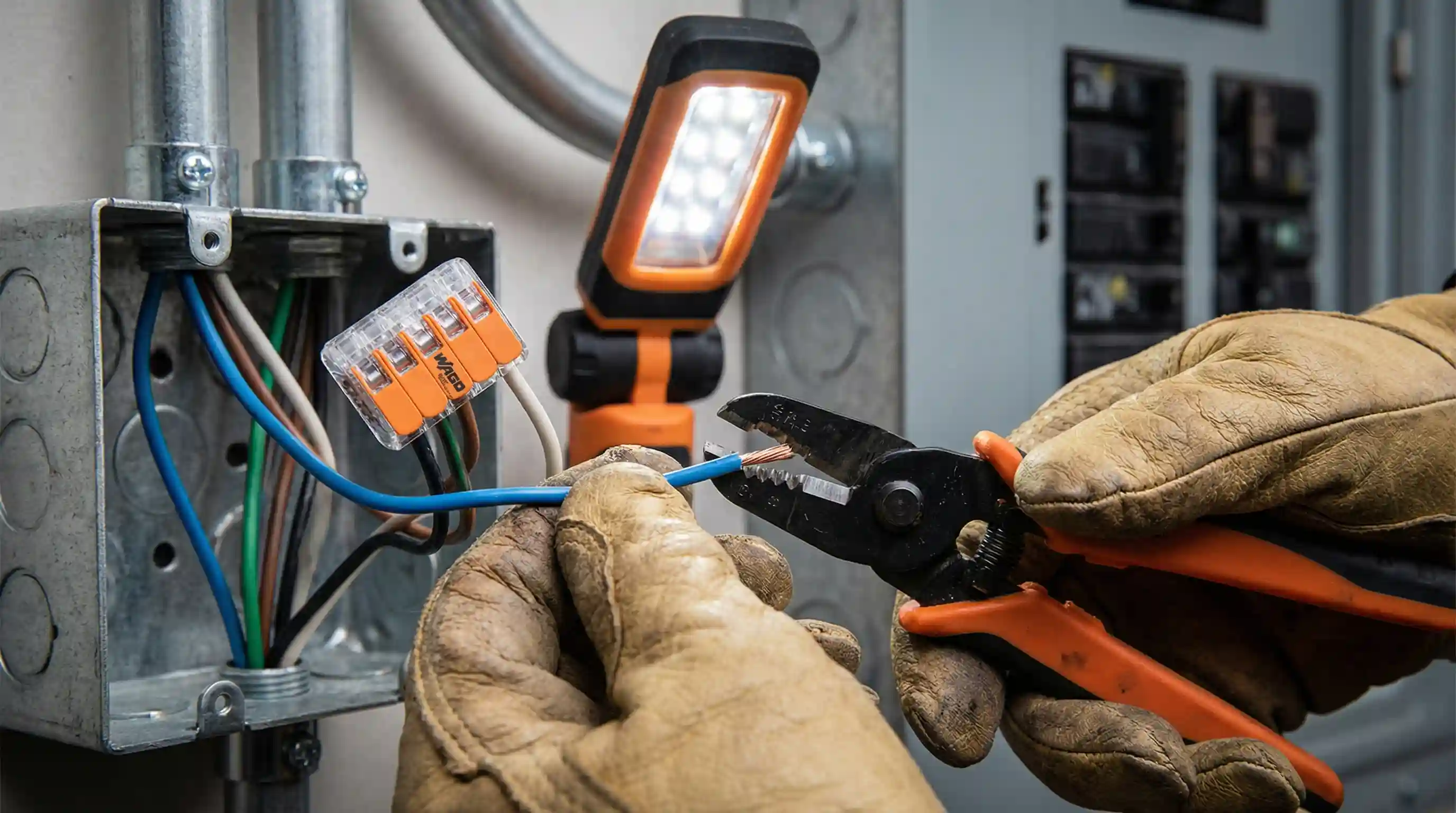 Primer plano de manos expertas usando un pelacables para preparar un cable azul de neutro y conectarlo a una clema de conexión rápida tipo Wago dentro de una caja de pared, iluminación técnica enfocada en el proceso de conexionado eléctrico.