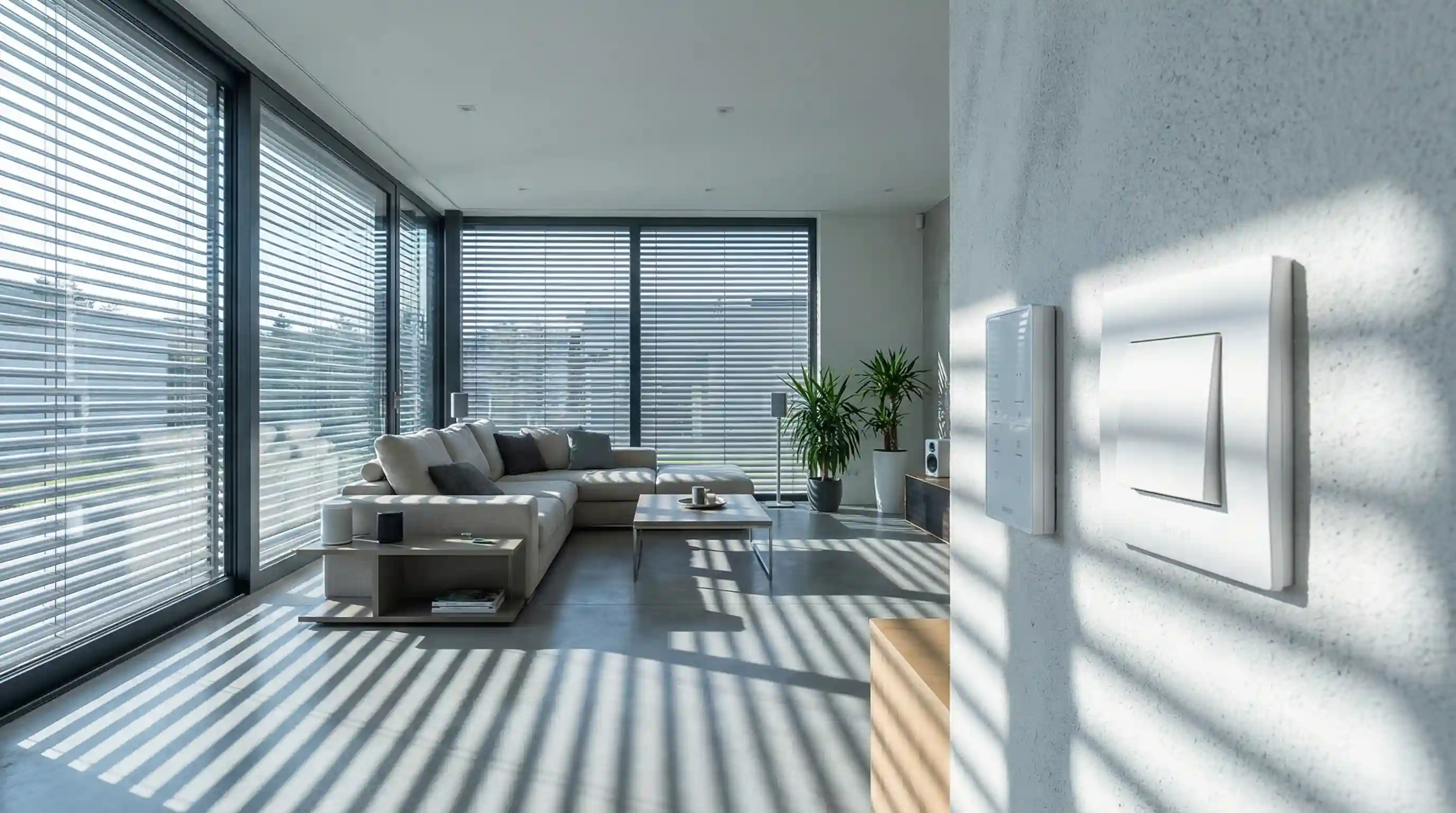 Salón moderno con grandes ventanales y persianas de aluminio que se cierran automáticamente; en un primer plano lateral se observa un interruptor Simon 82 blanco en la pared, capturando el contraste de luz y un ambiente tecnológico y fresco.