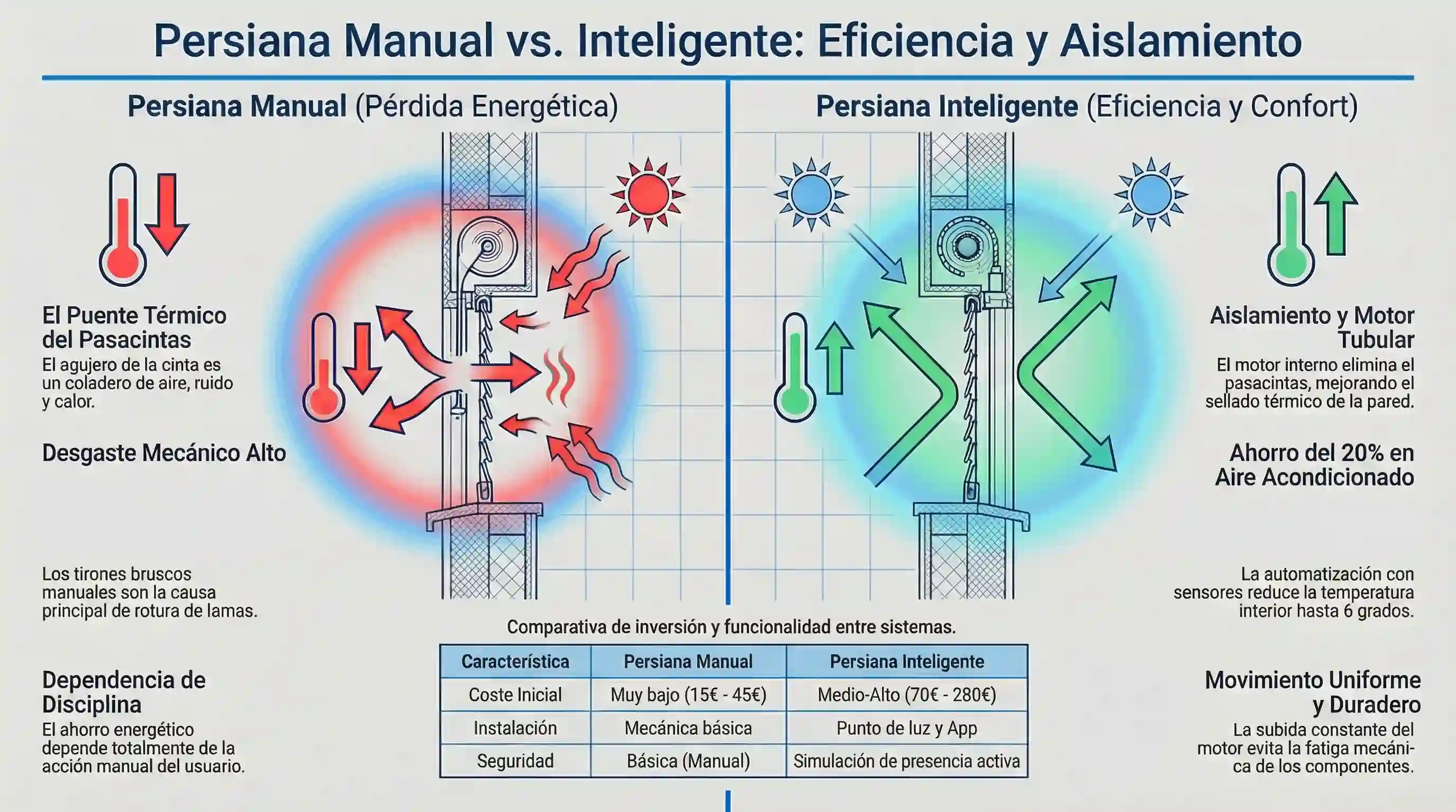 Infografía técnica de estilo esquemático dividida por una línea central. A la izquierda, sección de muro con persiana manual, resaltando con un círculo de calor el pasacintas y flechas rojas de flujo de aire. A la derecha, sección con motor tubular interno y flechas verdes de retorno que indican aislamiento. Usa una paleta de colores azul técnico y gris, sin texto inventado, solo iconos de termómetro y sol.