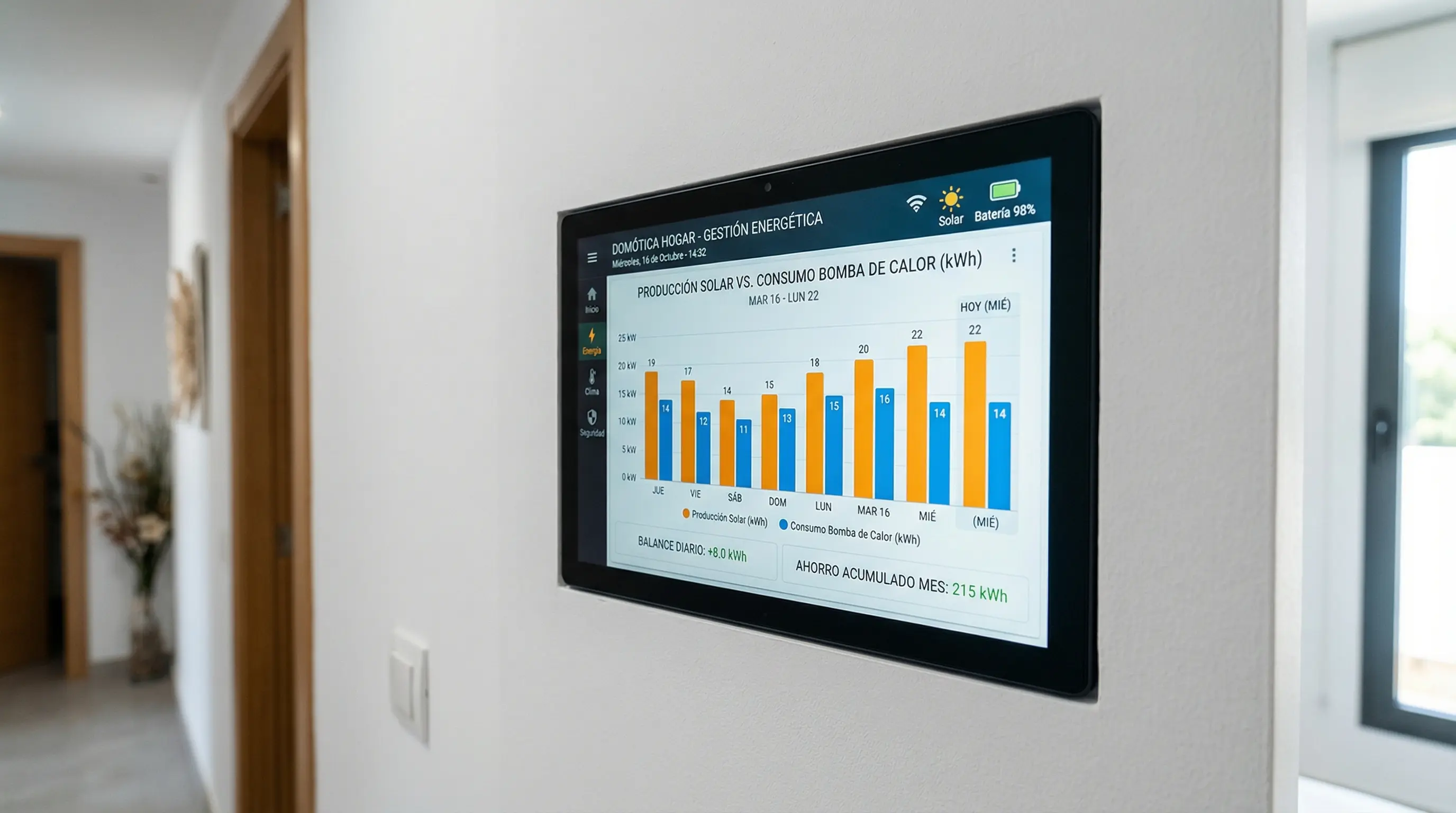 Pantalla domótica control consumo aerotermia | PROMPT: Tablet de domótica empotrada en pared blanca. La pantalla muestra un dashboard de Home Assistant con gráficos de barras comparando producción solar (naranja) y consumo de aerotermia (azul). Interfaz limpia, estilo premium para gestión energética.