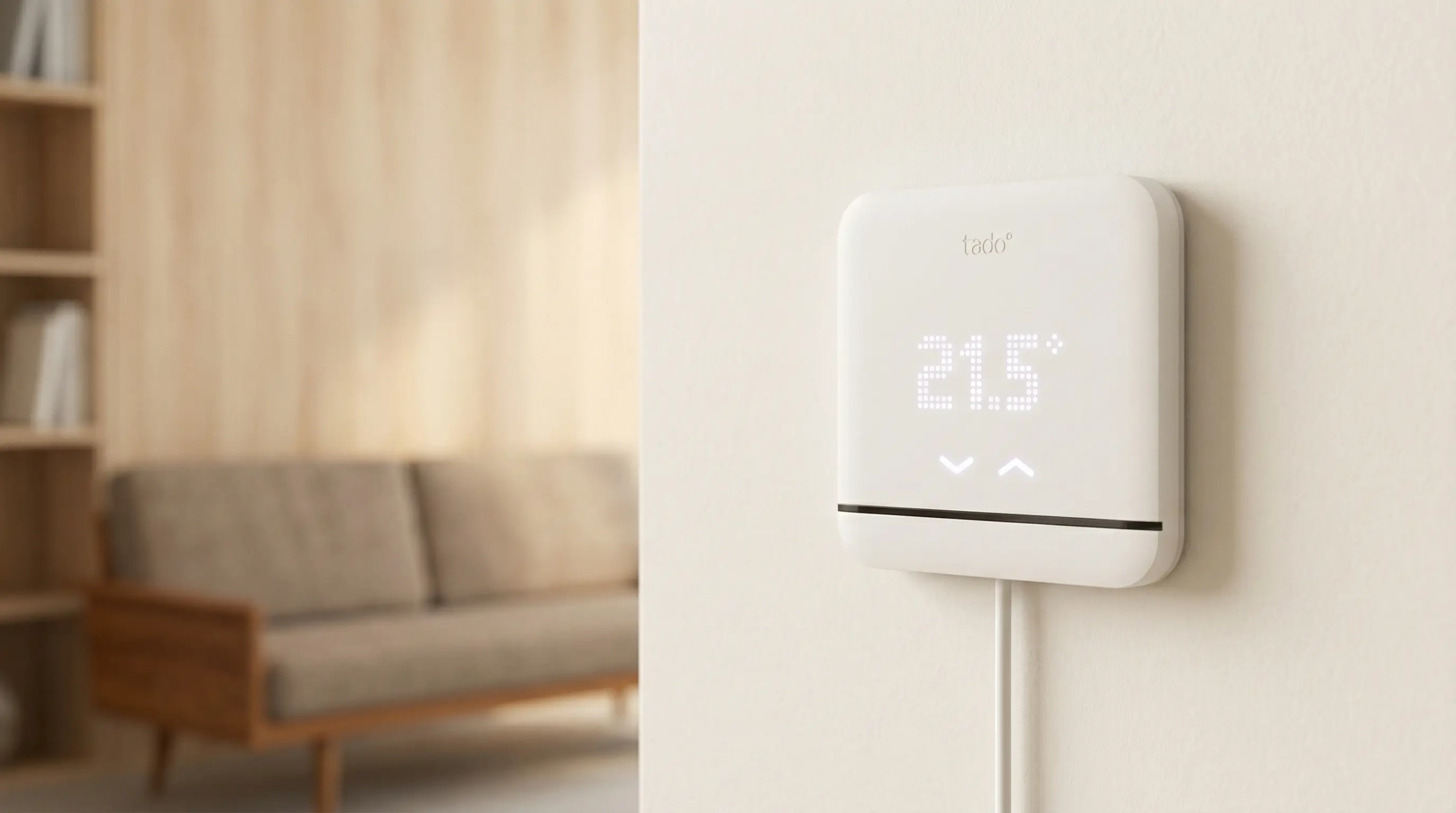 Primer plano de un termostato inteligente tado° con pantalla LED blanca indicando 21.5 grados, instalado en una pared de salón de diseño moderno con iluminación suave