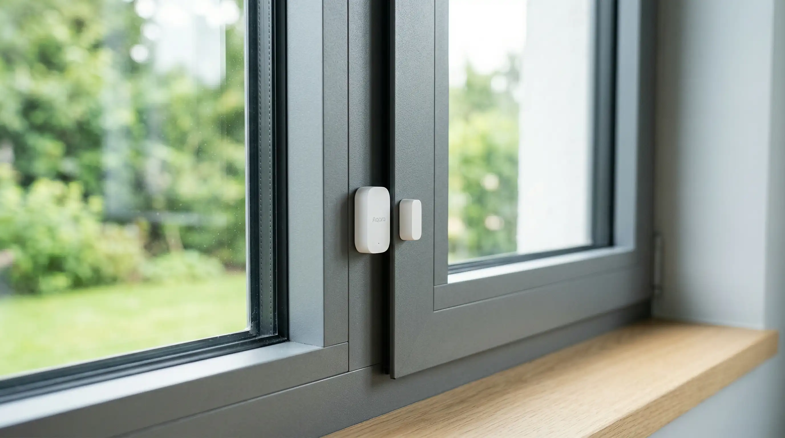 Sensor de apertura de puertas y ventanas Aqara Zigbee de diseño minimalista montado de forma discreta en el marco de una ventana de aluminio gris