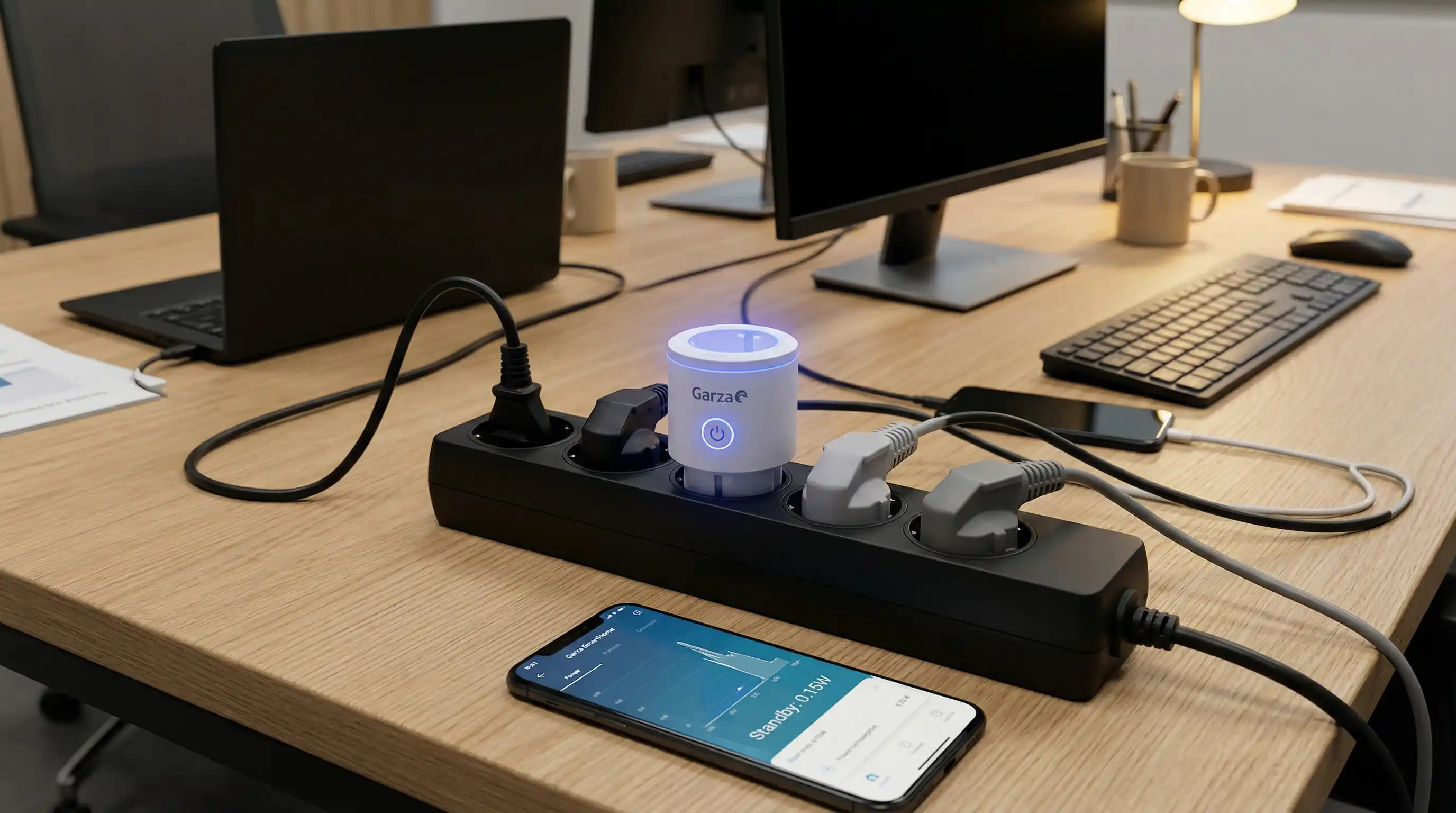 Enchufe inteligente Garza SmartHome conectado a una regleta en un escritorio de oficina, con el indicador LED encendido para el control del consumo standby de equipos informáticos