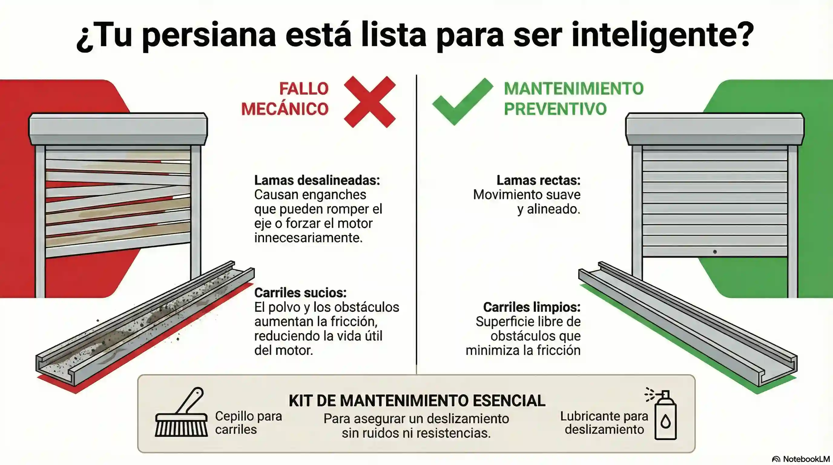 Infografía técnica que compara una persiana con lamas desalineadas y sucias (marcada con X roja) frente a una persiana con lamas perfectamente rectas y carriles limpios (marcada con check verde). Incluye iconos de mantenimiento como lubricante y cepillo.
