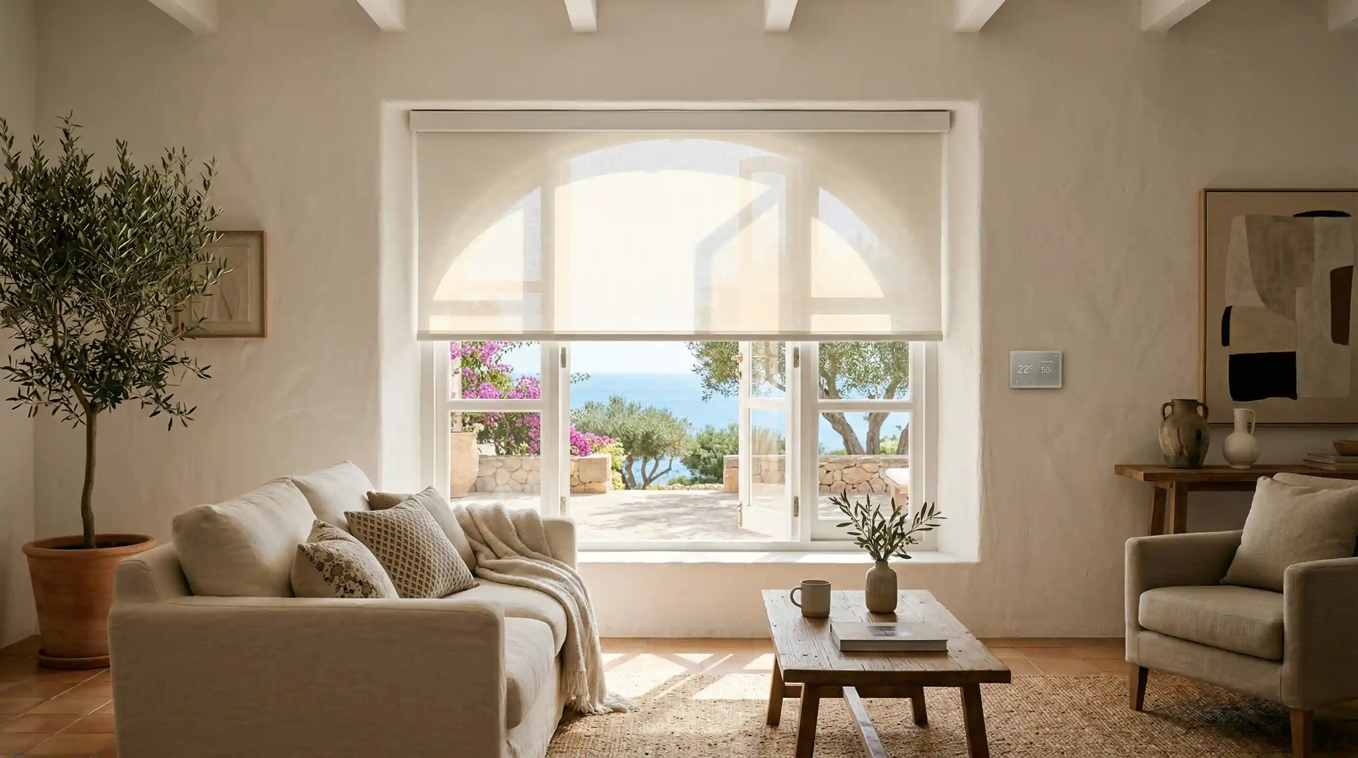 Salón mediterráneo moderno donde se aprecia en el lateral de la ventana el enrollador eléctrico blanco instalado, sin cables visibles. La persiana está a media altura tamizando el sol. Atmósfera de confort térmico y tecnología invisible.