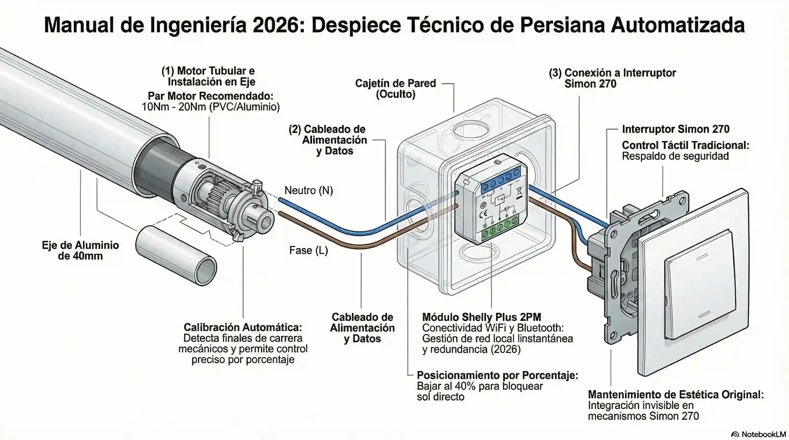 Diagrama técnico de despiece estilo manual de ingeniería de 2026. (1) Motor tubular insertado en eje de aluminio -> (2) Cables azul (neutro) y marrón (fase) conectando a un módulo Shelly Plus 2PM oculto -> (3) Conexión a interruptor Simon 270. Estética limpia, fondo blanco, líneas finas profesionales. Sin texto ficticio.