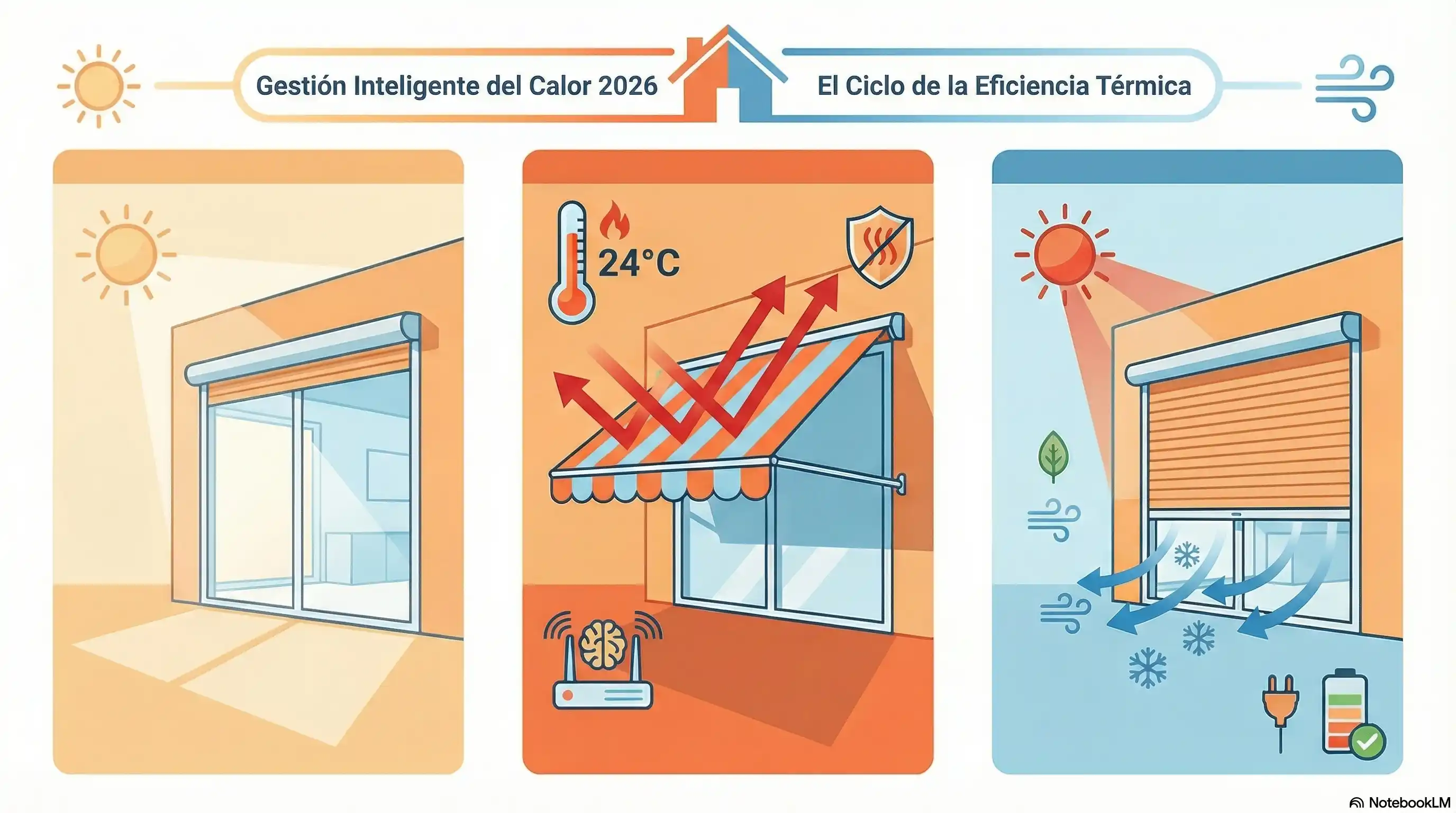 Infografía horizontal dividida en tres paneles rectangulares que muestran la gestión del calor en 2026. Panel 1: Icono de sol bajo de mañana, persiana abierta. Panel 2: Icono de termómetro a 24ºC, toldo exterior extendido bloqueando flechas de calor rojas. Panel 3: Persiana bajada al 80%, flechas de aire azul indicando frescor interior. Estilo flat design minimalista, paleta de colores naranja y azul, sin palabras, solo iconos universales.