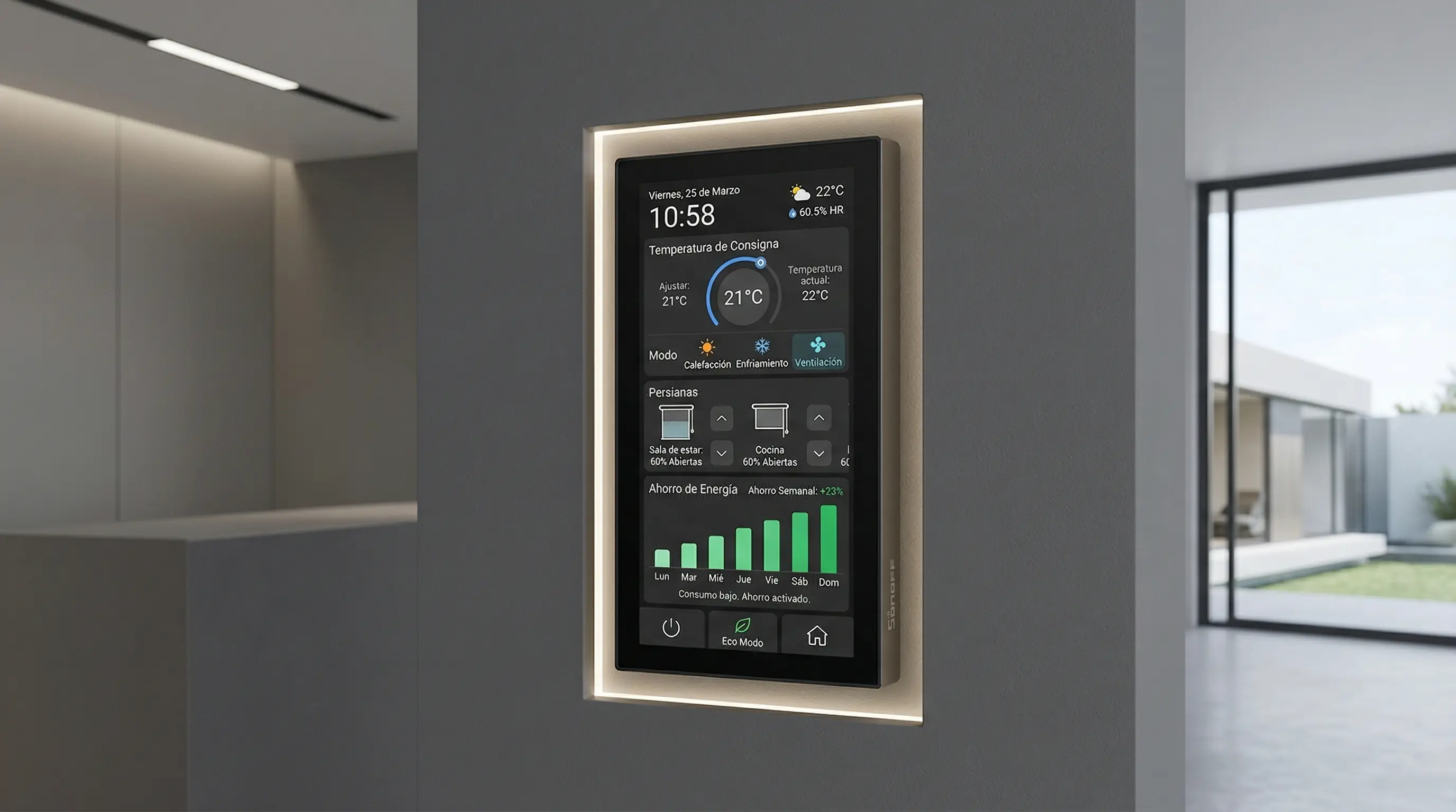 Panel táctil Smilewolf NSPanel Pro empotrado en una pared de diseño futurista cercano. La pantalla muestra una interfaz de control de climatización en español con iconos intuitivos de persianas y un gráfico de barras verde de ahorro energético. Entorno de hogar inteligente minimalista y tecnológico.
