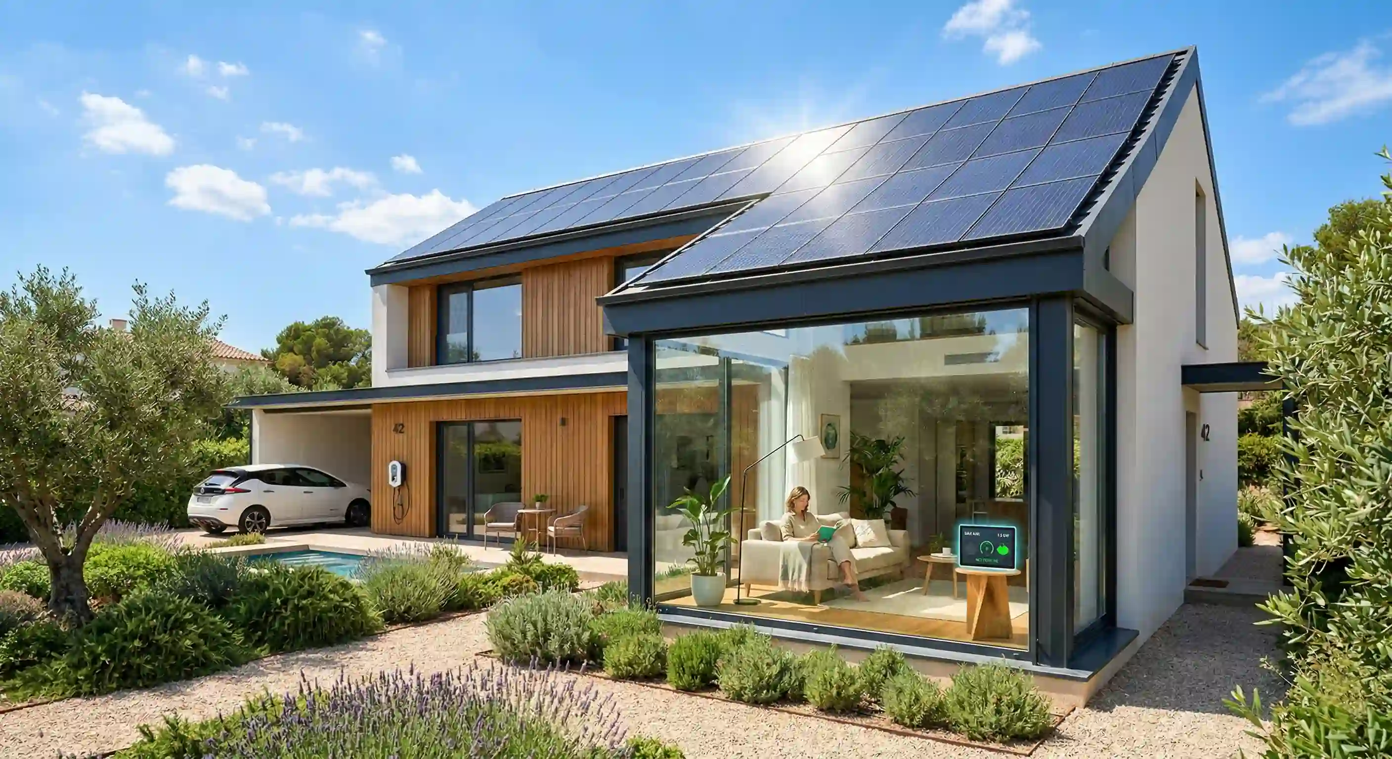 Vivienda unifamiliar moderna con paneles solares integrados en el tejado bajo un sol brillante de mediodía. A través de un gran ventanal se aprecia el interior de la casa climatizado y eficiente, simbolizando el confort y el ahorro energético real conseguido mediante el desplazamiento de cargas.