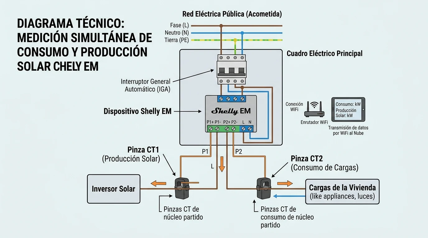 Esquema técnico de un medidor Shelly EM con sus dos pinzas amperimétricas instaladas en los cables de fase para medir consumo y producción solar simultáneamente