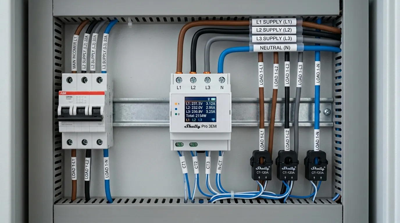 Fotografía profesional de un Shelly Pro 3EM montado en carril DIN dentro de un cuadro eléctrico, con cableado trifásico perfectamente organizado y etiquetado