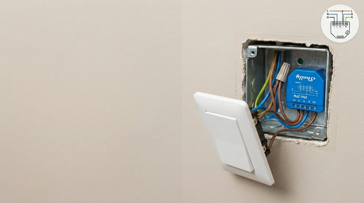 Relé inteligente Shelly Plus 2PM mostrando su diseño compacto para instalación en cajas de registro o detrás de enchufes para control de cargas