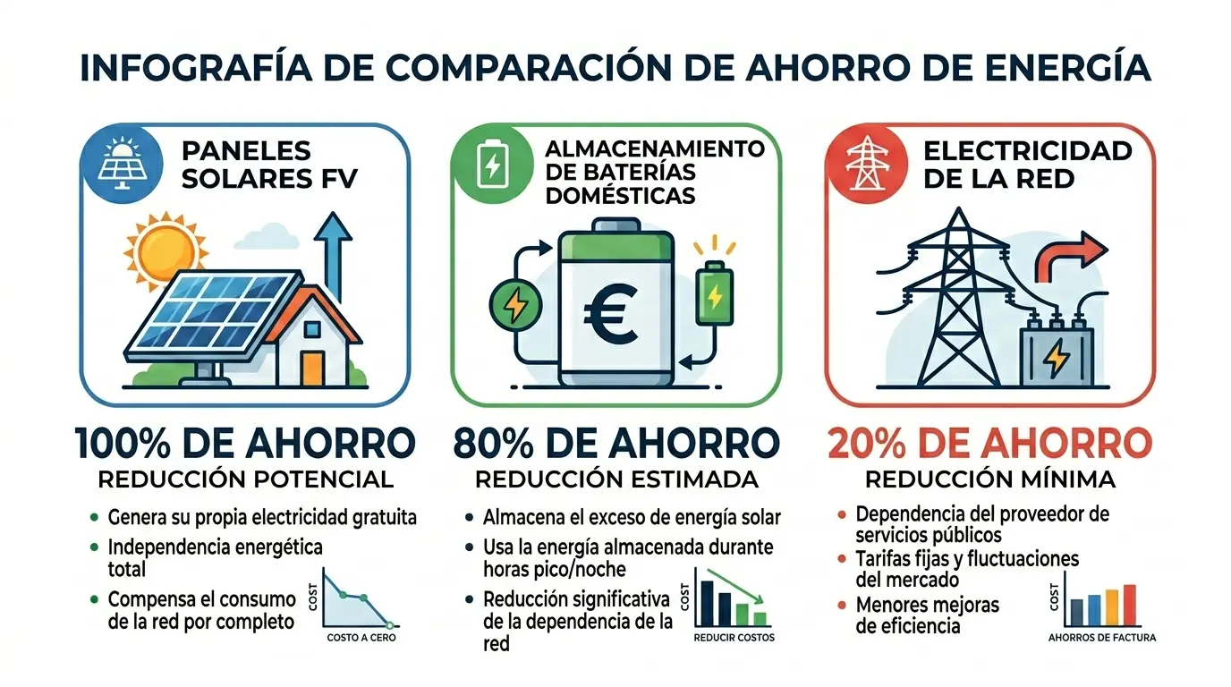 Infografía técnica estilo flat design sobre fondo blanco con tres iconos vectoriales alineados: panel solar (100% ahorro), batería con símbolo de Euro (80% ahorro) y torre de alta tensión (20% ahorro). Diseño limpio y minimalista