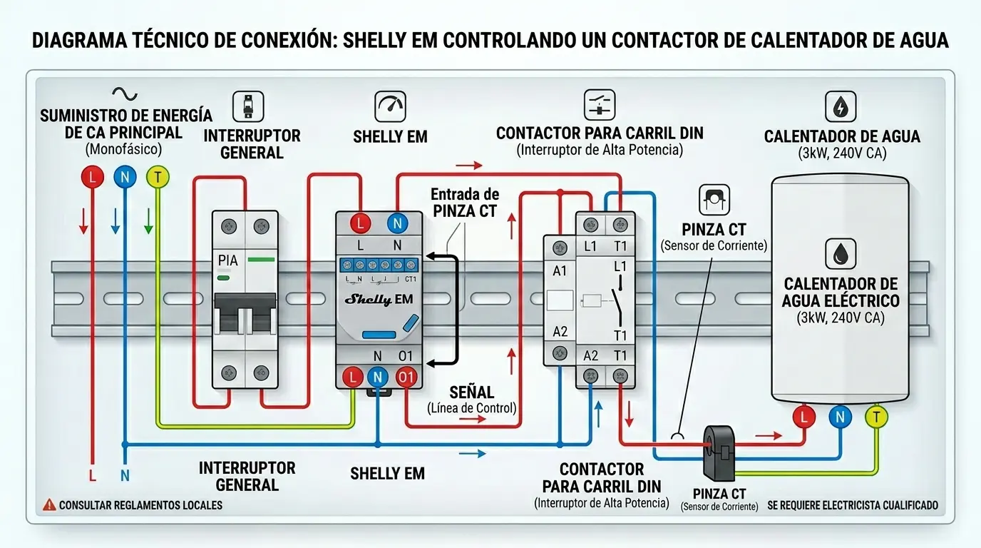 Diagrama técnico de conexión: Medidor Shelly EM enviando señal a un contactor de carril DIN para activar un termo eléctrico de forma segura