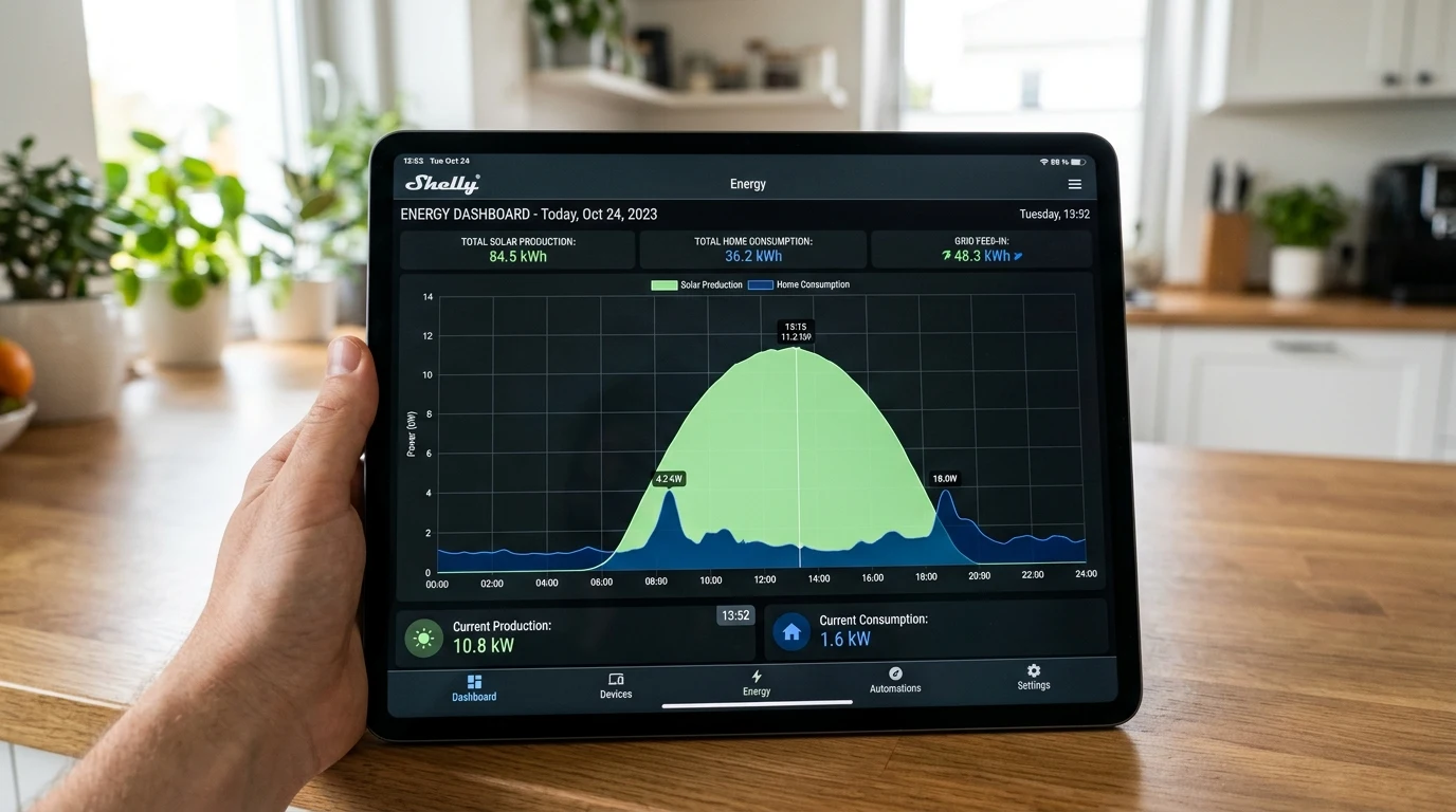Interfaz de la aplicación Shelly en una tablet mostrando una gráfica de producción solar cubriendo totalmente los picos de consumo de la vivienda