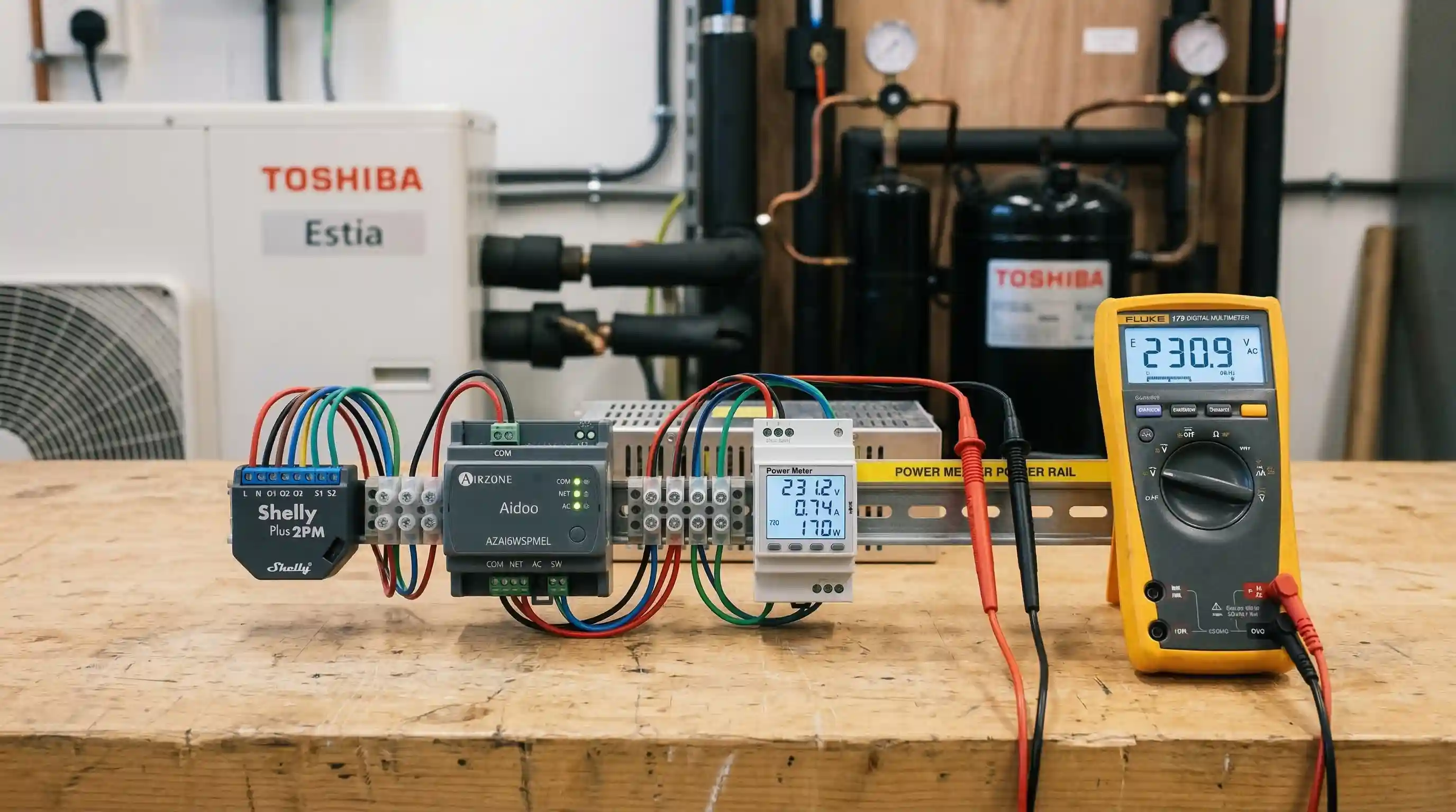 Comparativa de dispositivos de control aerotermia | PROMPT: Fotografía de primer plano de un banco de pruebas técnico. Sobre una mesa de madera clara se encuentran un Shelly Plus 2PM, un Airzone Aidoo y un medidor de consumo. Al lado, un multímetro digital. Fondo desenfocado con unidad de aerotermia. Estilo honesto y profesional.
