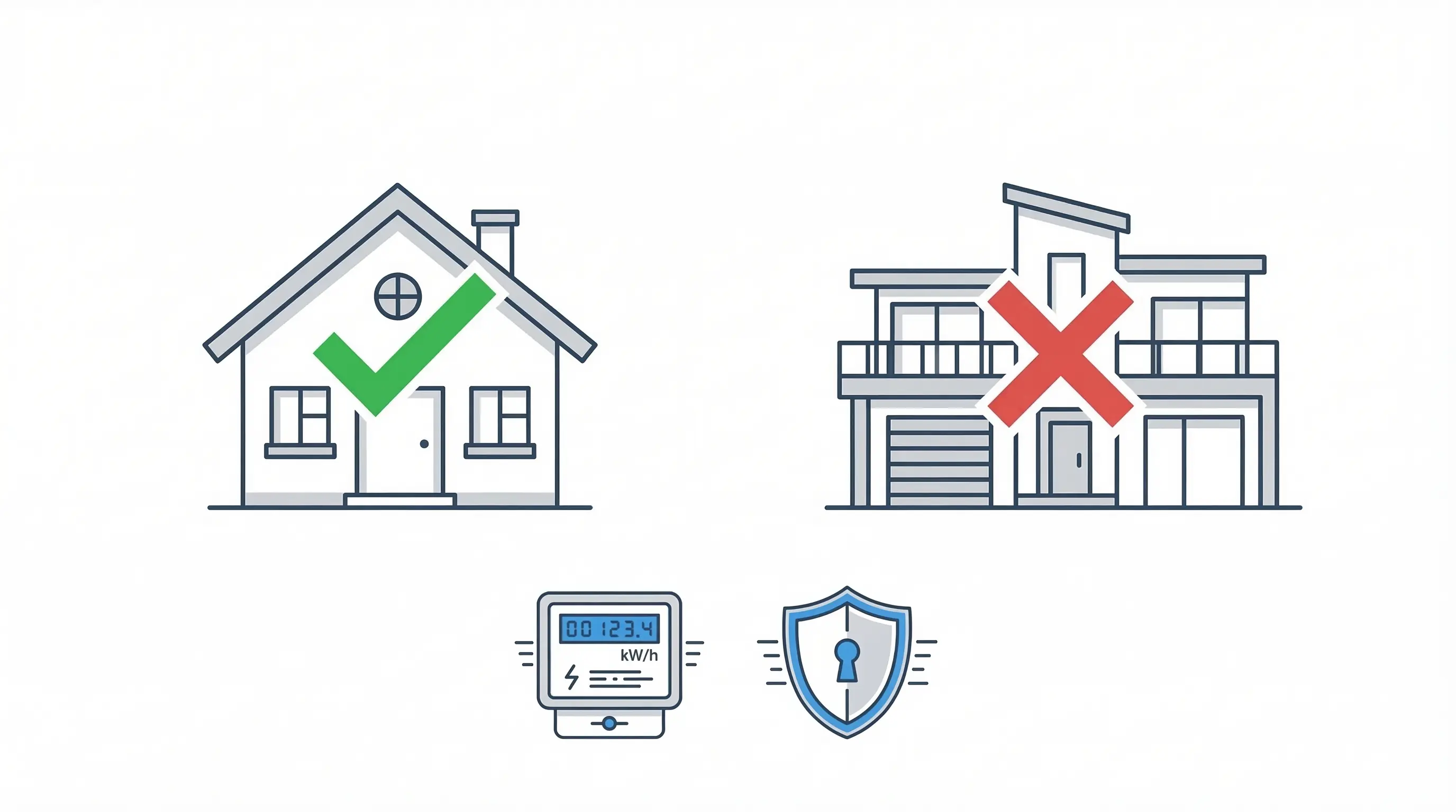 Infografía comparativa Shelly EM instalación monofásica y trifásica | PROMPT: Infografía técnica de diseño minimalista sobre fondo blanco puro. Composición simétrica con dos iconos vectoriales elegantes: a la izquierda una vivienda unifamiliar sencilla con un símbolo de verificación verde; a la derecha una residencia de lujo con una equis roja. Estética visual 'Apple-style' con acentos en azul corporativo y gris suave. Debajo, iconos lineales modernos representando un contador digital y un escudo de privacidad. Diseño limpio, equilibrado, sin caracteres de texto, resolución 4k.