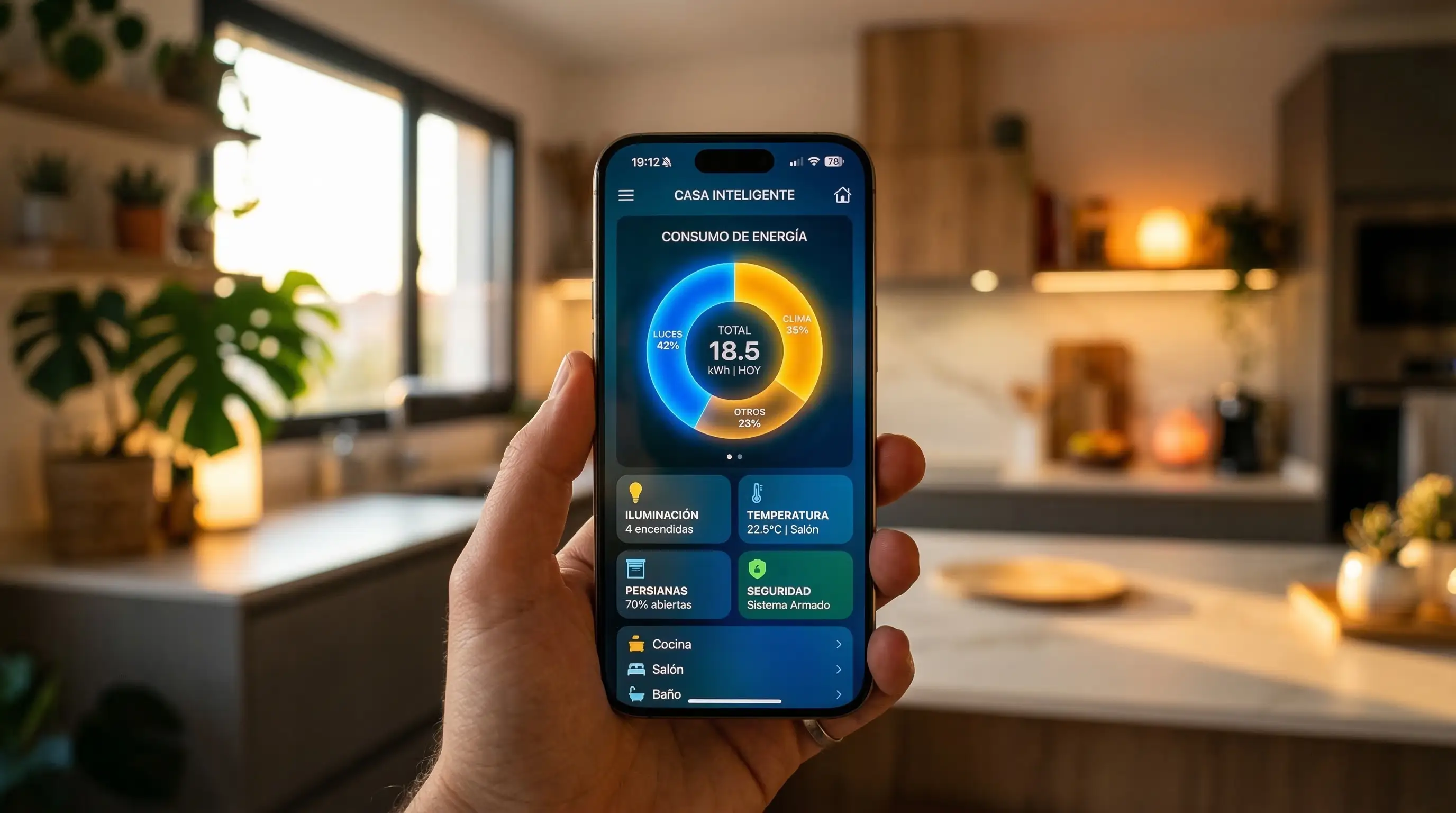 App Shelly Cloud con gráficas de consumo real en iPhone | PROMPT: Primer plano cinematográfico de la pantalla de un iPhone 15 Pro. El display muestra un dashboard domótico vibrante con un gráfico de sectores circular (pie chart) en colores azul eléctrico y ámbar brillante. Fondo de cocina de diseño moderno con luz natural de atardecer desenfocado (bokeh agresivo). Nitidez extrema en la interfaz digital, reflejos sutiles en el cristal del teléfono, estética lifestyle premium, 8k.