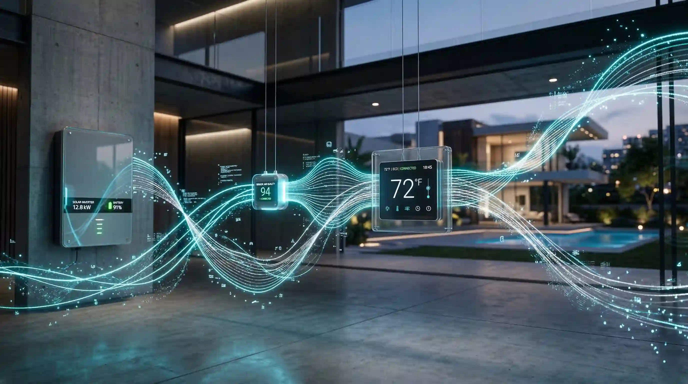 Composición conceptual artística e hiperrealista que visualiza ondas de datos invisibles. Líneas de luz pulsante en tonos cian y plata conectan fluidamente dispositivos inteligentes (termostato de cristal, sensor y equipo solar) suspendidos en un espacio arquitectónico moderno y minimalista. Fondo de vivienda de lujo con desenfoque suave, iluminación de estudio cinemática, partículas de datos etéreas, renderizado de altísima fidelidad, 8k.
