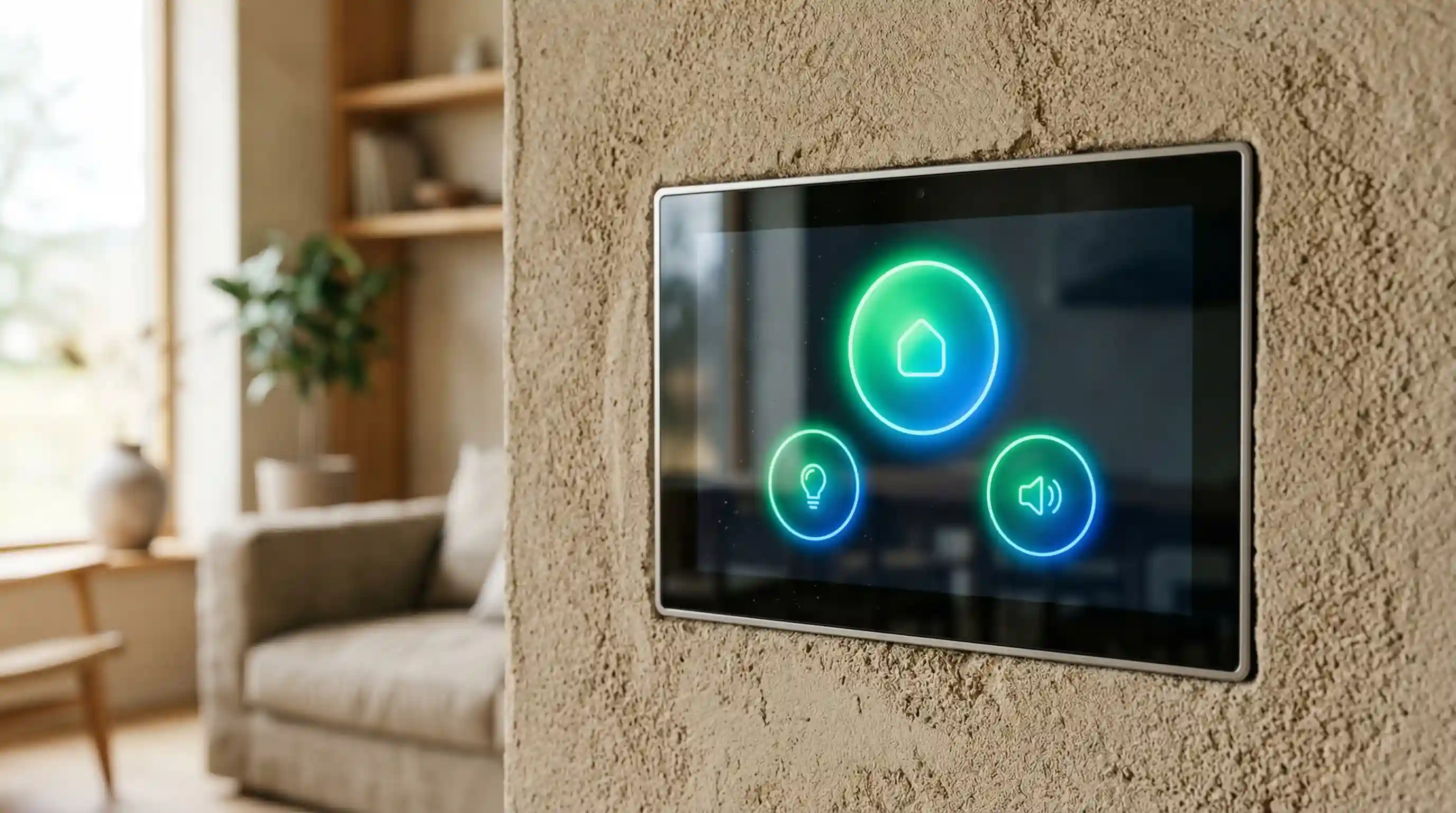 Pantalla de control energético táctil | PROMPT: Fotografía macro de producto de una consola domótica táctil de cristal integrada en una pared de textura orgánica color arena. La pantalla muestra una interfaz minimalista con gráficos circulares brillantes en degradados verde esmeralda y azul eléctrico (sin texto). Fondo desenfocado (bokeh) de un salón de diseño nórdico con luz natural lateral, acabado fotorrealista, nivel de detalle extremo en los materiales, 8k.