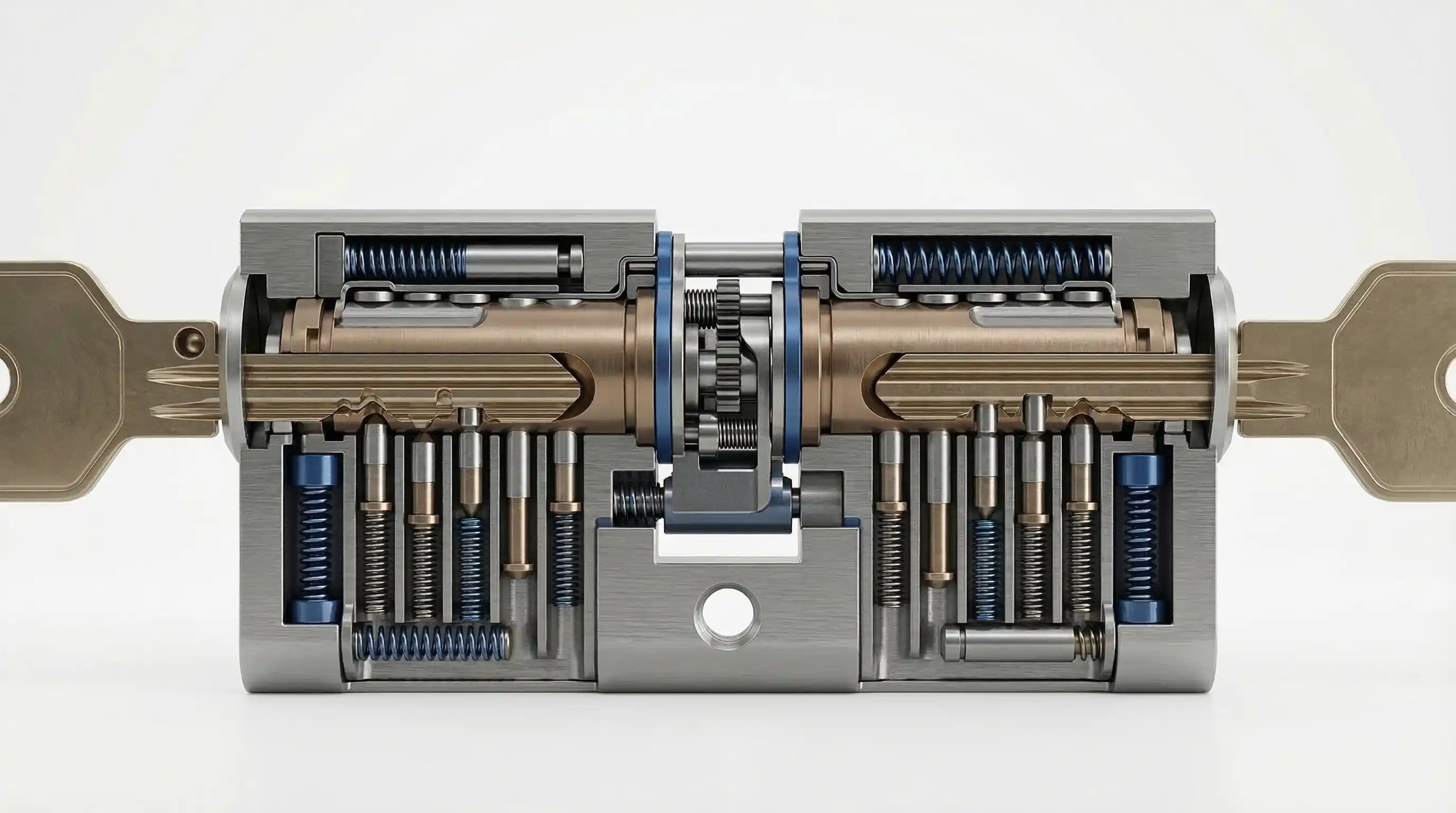 Bombín de seguridad doble embrague esquema técnico | PROMPT: Infografía técnica en 3D fotorrealista que muestra un corte transversal de un bombín de seguridad de doble embrague. Los mecanismos internos, muelles y pistones de acero están expuestos con precisión microscópica. Dos llaves metálicas están insertadas simultáneamente desde extremos opuestos. Estética de ingeniería industrial, paleta de colores gris acero y azul cobalto técnico, fondo blanco minimalista con iluminación de estudio suave, sin caracteres de texto, nivel de detalle mecánico extremo, estilo visual de catálogo técnico premium.