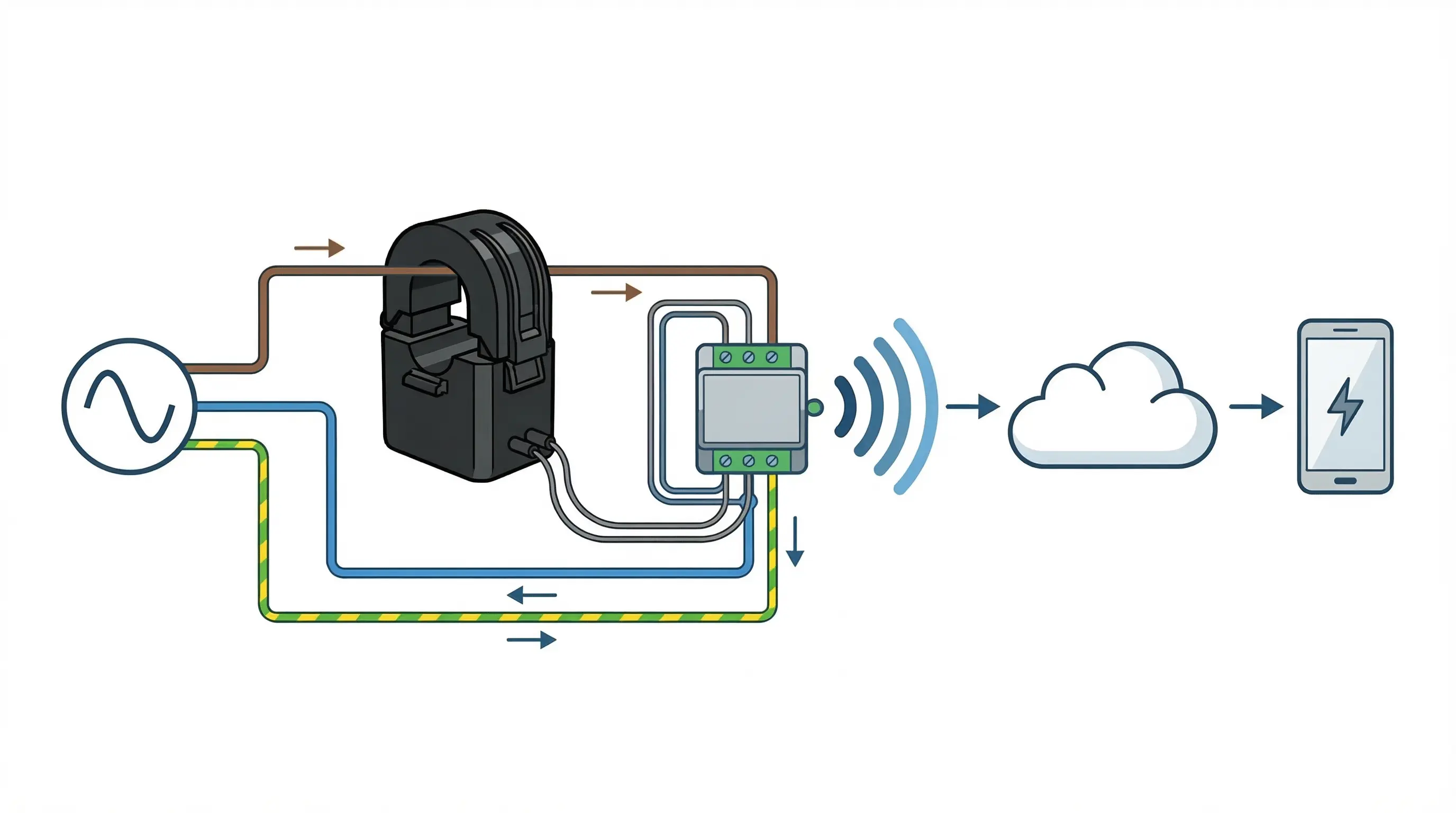 Esquema técnico instalación pinza amperimétrica Shelly en España | PROMPT: Diagrama técnico detallado con fondo blanco. Muestra un cable de fase marrón de una instalación española de 230V siendo abrazado por una pinza amperimétrica negra conectada a un Shelly EM. Iconos minimalistas de Smartphone y Cloud. Estilo limpio, colores corporativos azul y gris, nitidez extrema sin texto ficticio.