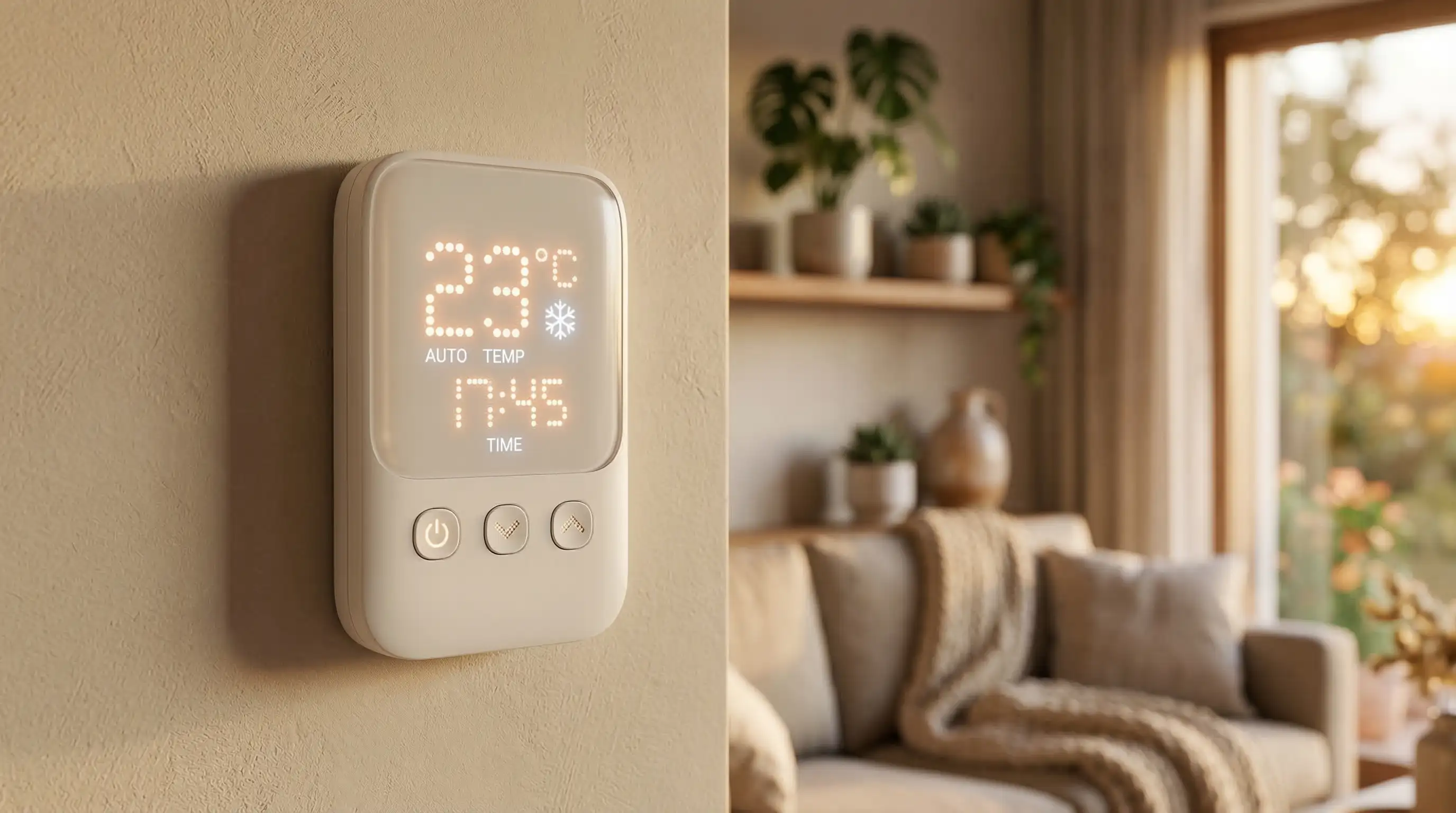 Sensor de aire acondicionado en pared moderna | PROMPT: Fotografía macro de producto profesional de un controlador de aire acondicionado inteligente de color blanco mate sobre una pared de acabado liso. La pantalla del dispositivo muestra una matriz de puntos LED integrados bajo la superficie plástica. Composición equilibrada con profundidad de campo reducida (bokeh), mostrando al fondo un salón luminoso con luz de atardecer cálida. Texturas ultra-detalladas, iluminación de estudio suave, 8k, estilo minimalista escandinavo aplicado a un entorno español contemporáneo.