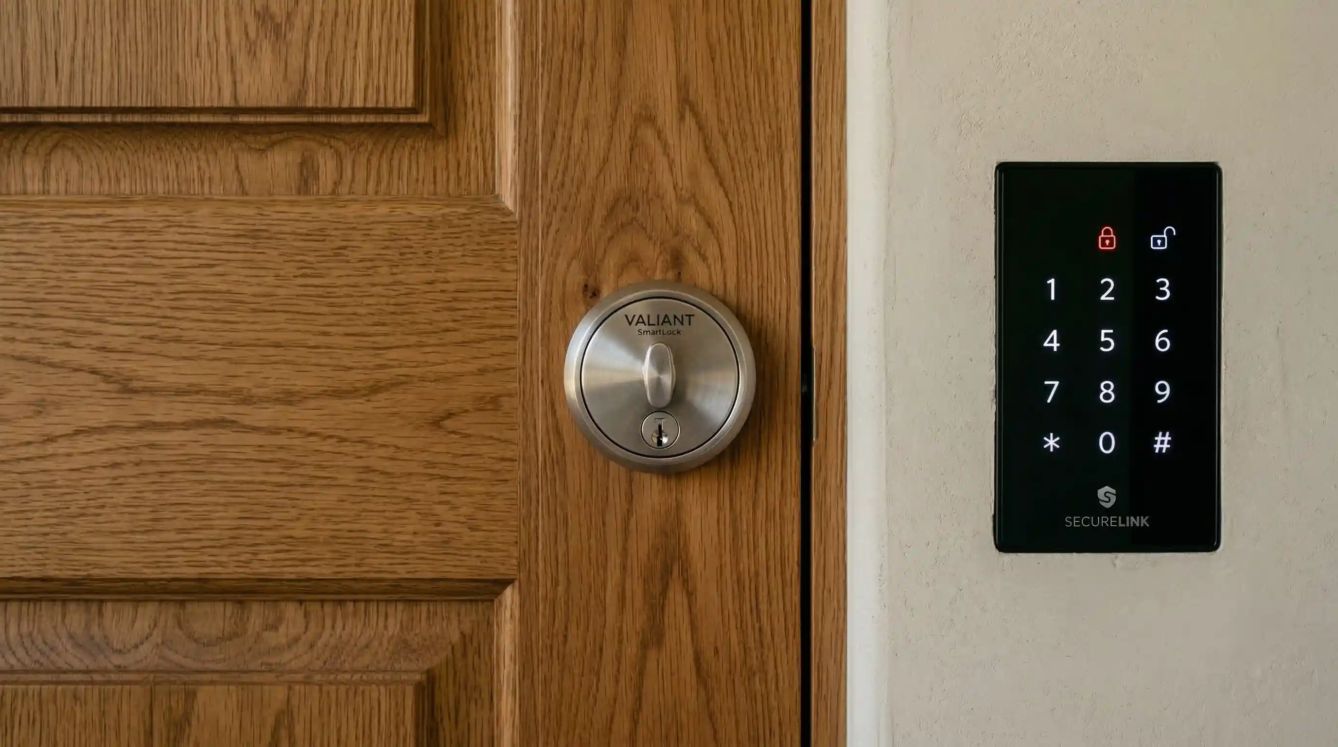 Cerradura inteligente de aluminio en puerta de madera maciza | PROMPT: Fotografía de arquitectura interior de alta gama, primer plano de una cerradura inteligente de cilindro en aluminio cepillado instalada sobre una puerta de madera maciza con veta natural. Al lado, integrado en la pared, un panel numérico táctil de cristal negro mate. Iluminación natural suave proveniente de un ventanal lateral, resaltando las texturas metálicas y la precisión del hardware. Fondo desenfocado de un recibidor moderno de estilo mediterráneo, resolución 8k, enfoque macro, estética tecnológica premium y limpia.