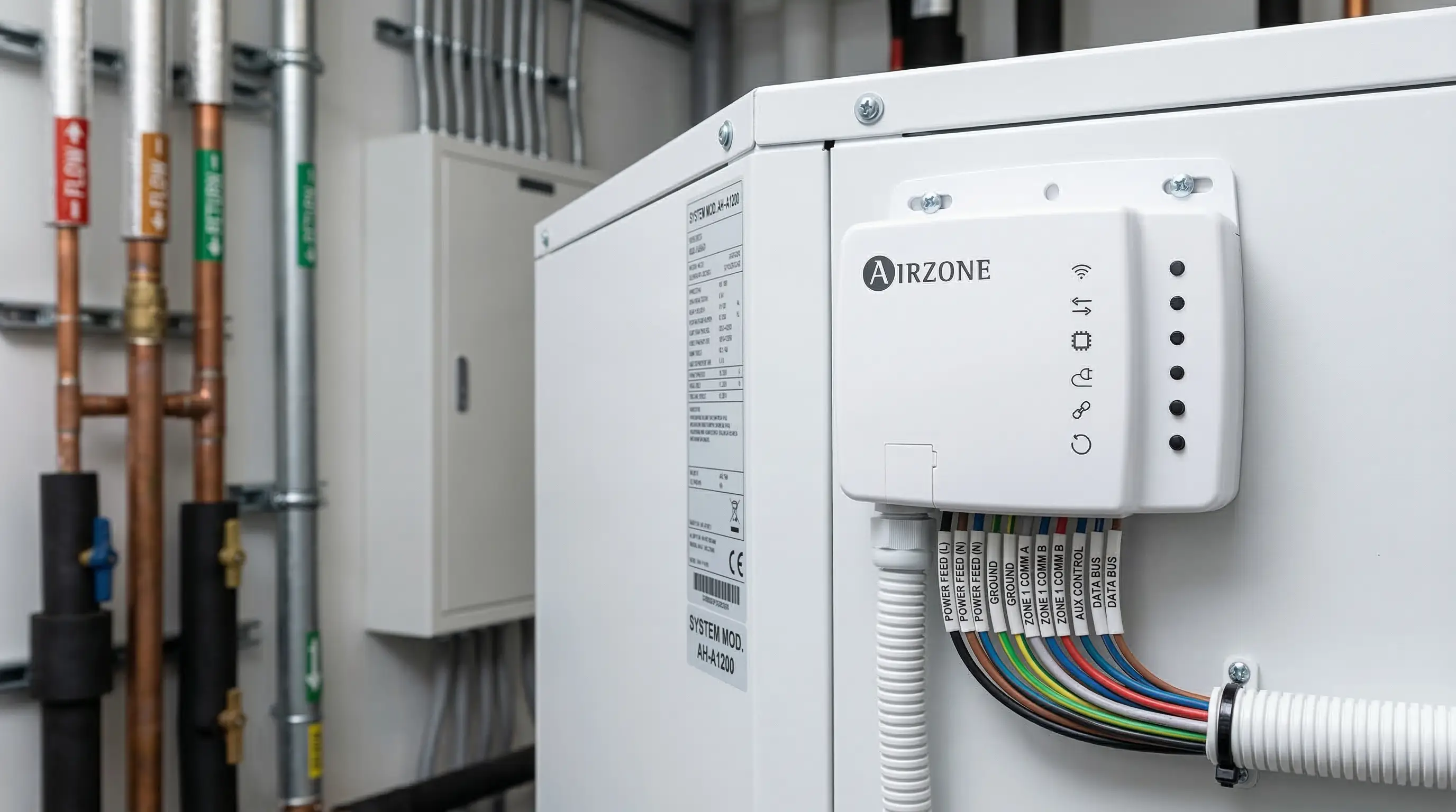 Controlador Airzone Aidoo instalado en aerotermia | PROMPT: Fotografía técnica de un controlador Airzone Aidoo instalado de forma limpia en el lateral de una unidad interior de aerotermia blanca dentro de un cuarto de máquinas moderno. Se aprecian las etiquetas de los cables y el acabado profesional de la instalación. Sin manos ni personas, enfoque nítido en el dispositivo de control.