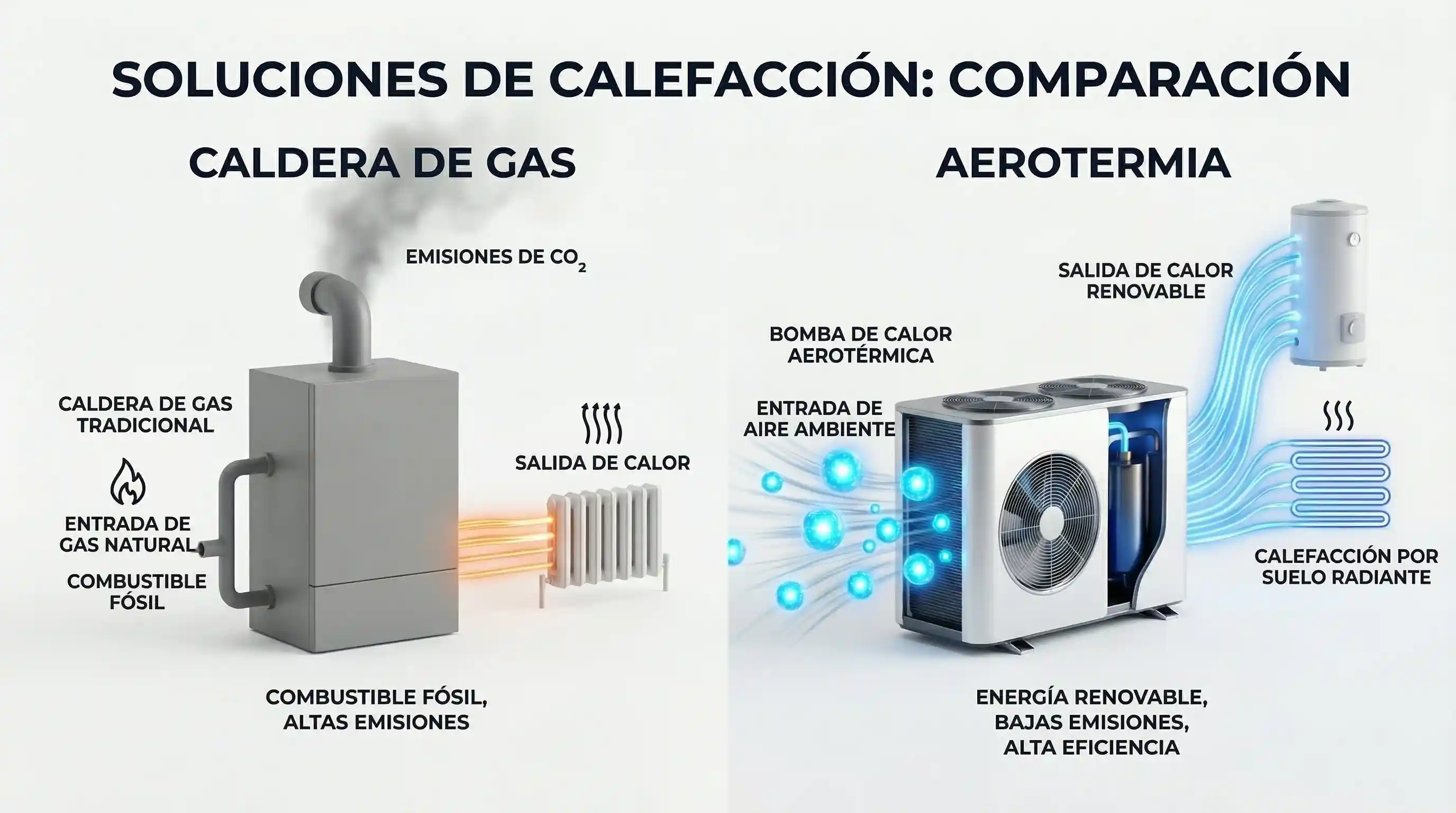 Infografía comparativa eficiencia aerotermia vs caldera de gas | PROMPT: Infografía visual minimalista en estilo 3D 'clean tech' sobre fondo blanco puro. Composición dividida: a la izquierda, icono de caldera de gas gris mate; a la derecha, unidad de aerotermia de diseño vanguardista capturando esferas de luz azul. Renderizado tipo Octane 8k, enfoque en flujos de energía.