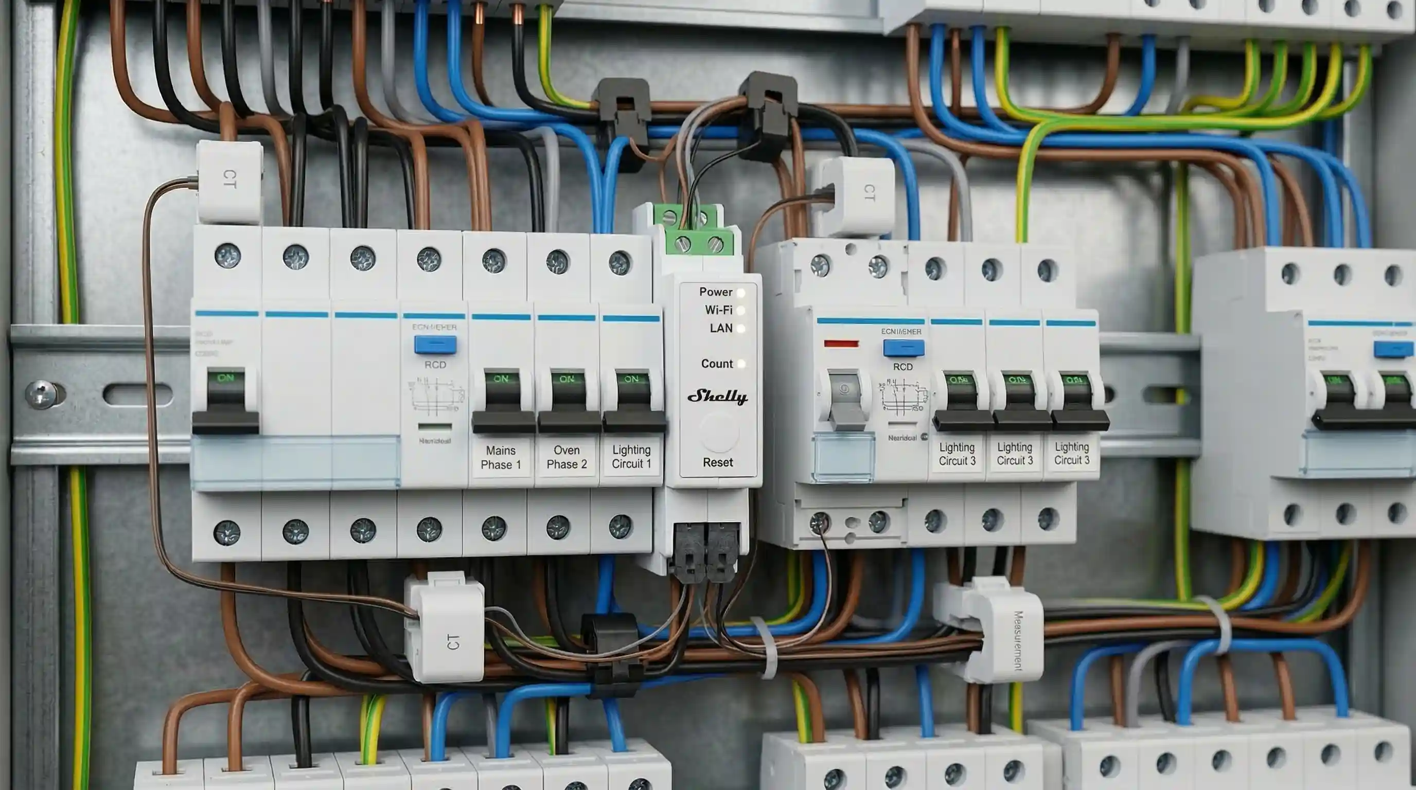 Medidor de energía Shelly EM en cuadro eléctrico profesional | PROMPT: Fotografía macro de alta precisión de un dispositivo inteligente Shelly EM montado en un carril DIN metálico dentro de un cuadro eléctrico moderno. Primer plano nítido de las pinzas amperimétricas rodeando cables de cobre aislados en colores azul y marrón. Iluminación técnica de estudio, resolución 8k, estilo fotorrealista industrial.