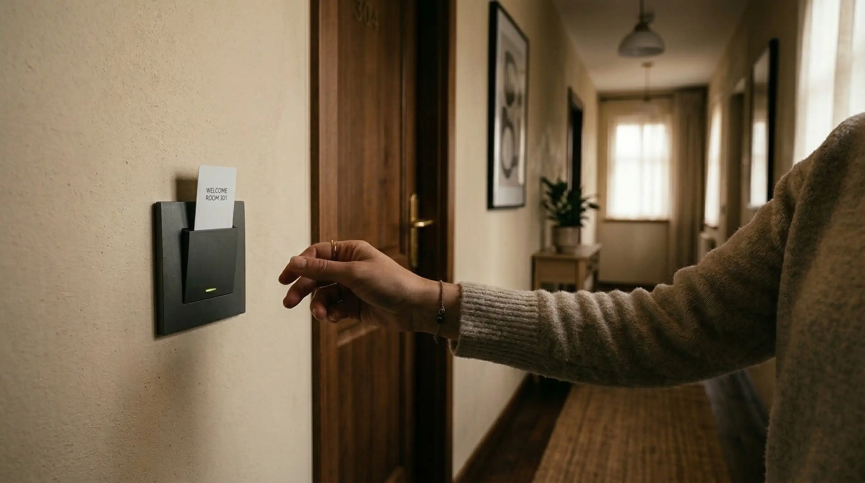 Huésped insertando una tarjeta en el interruptor de entrada | PROMPT: Una mano de mujer insertando una tarjeta de plástico blanca en un interruptor de pared de diseño moderno. El pasillo del fondo está ligeramente iluminado, sugiriendo que las luces acaban de encenderse. Ambiente de apartamento de vacaciones acogedor y limpio. Calidez en la imagen, luz natural lateral.