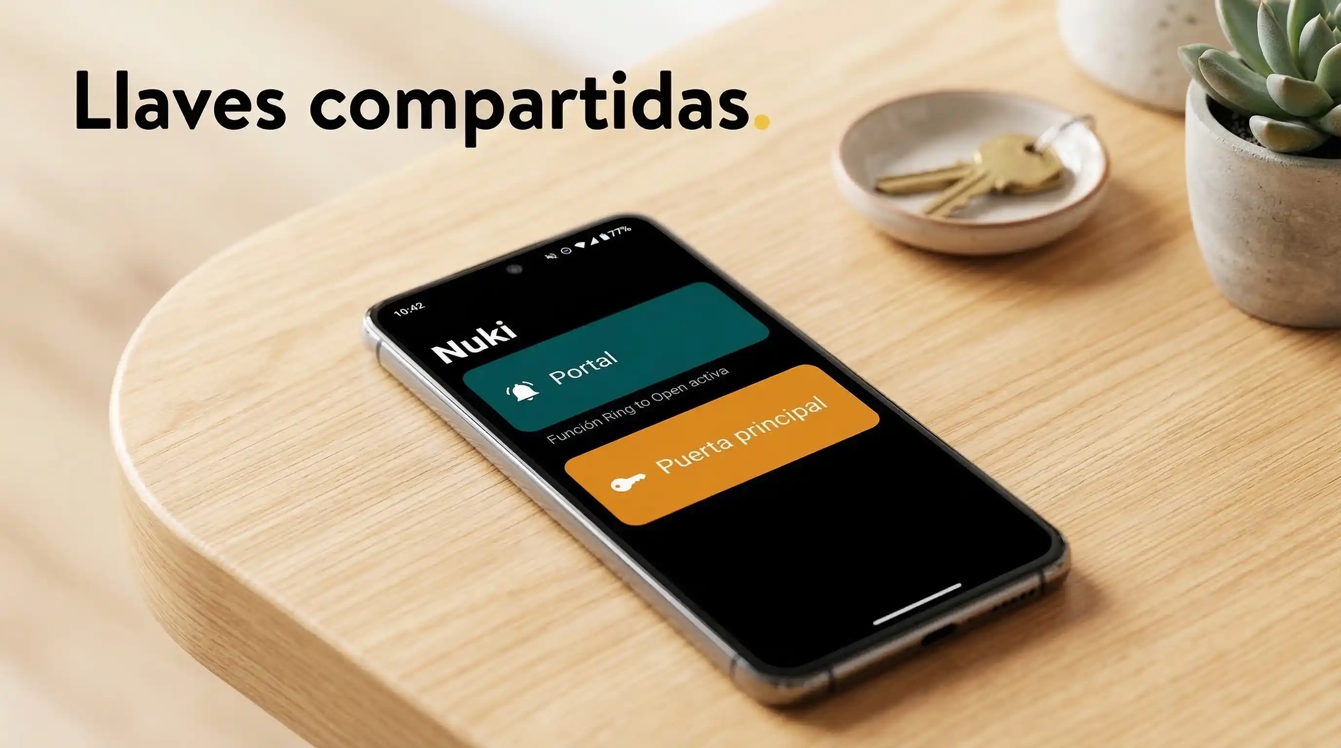 Interfaz de la App de Nuki configurada para un alojamiento turístico | PROMPT: Pantalla de un smartphone moderno mostrando la aplicación de Nuki en español. Se ven dos botones grandes: "Portal" y "Puerta Principal". En el estado del Portal aparece "Ring to Open activo". La interfaz es limpia, con modo oscuro y colores vibrantes. Fondo de madera clara desenfocado.