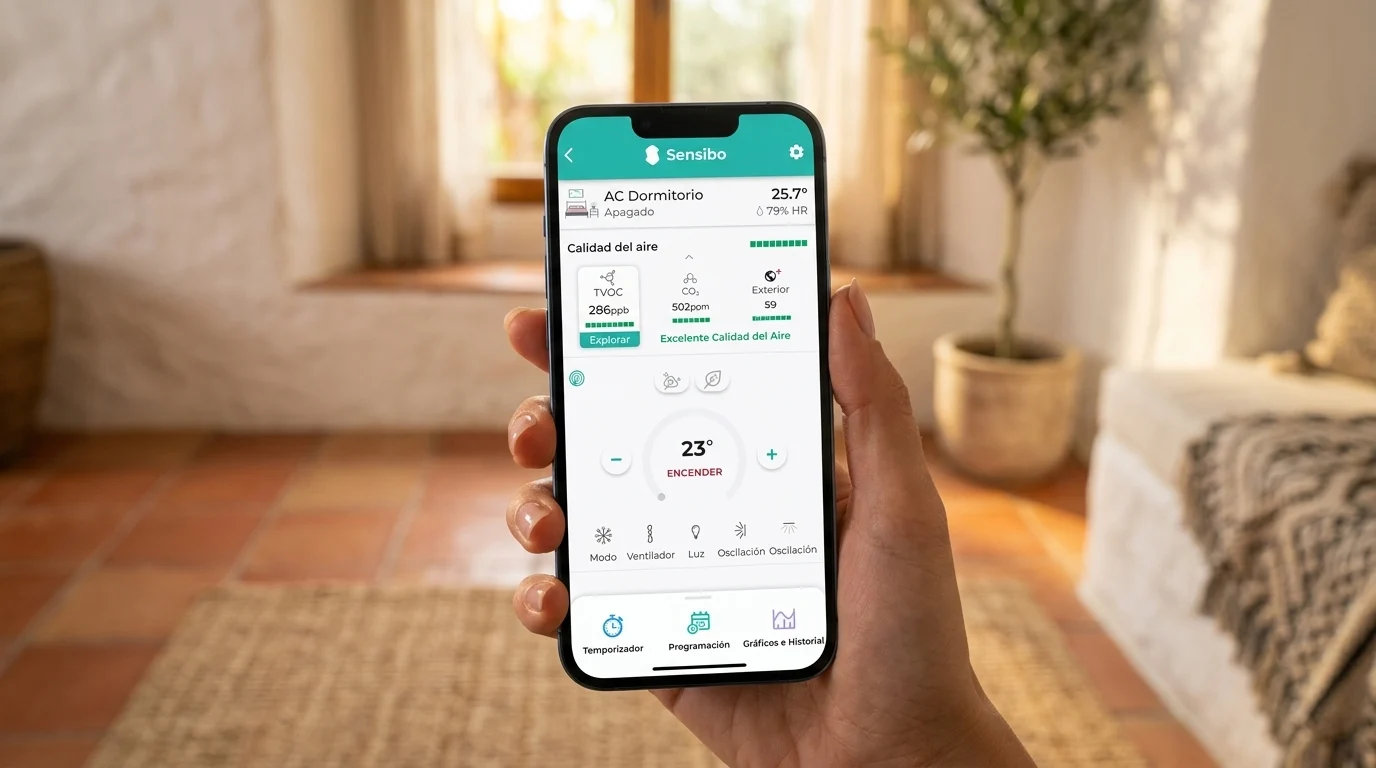 Interfaz App Sensibo mostrando niveles de aire | PROMPT: En primer plano, la pantalla de un smartphone mostrando la interfaz de la App Sensibo con gráficas de barras verdes indicando 'Calidad de Aire Excelente'. Al fondo, un salón de diseño mediterráneo desenfocado con luz natural. Resolución 8k, estilo lifestyle profesional.