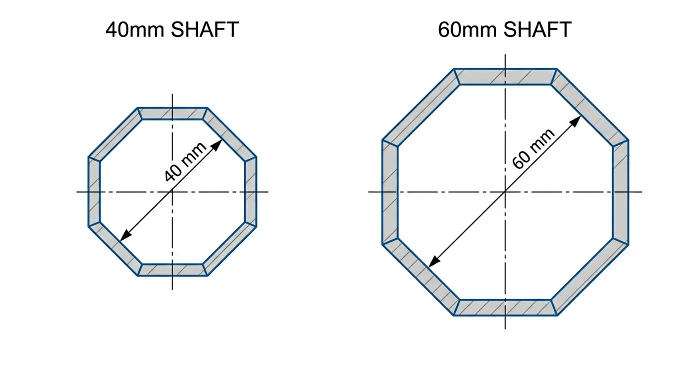 Esquema comparativo de diámetros de ejes de persiana | PROMPT: Diagrama técnico sobre fondo blanco que muestra dos secciones transversales de ejes octogonales. A la izquierda, un eje de 40mm con flechas indicando su medida. A la derecha, un eje de 60mm con flechas indicando su medida. Estilo limpio, colores azul y gris, sin texto inventado, proporciones precisas.