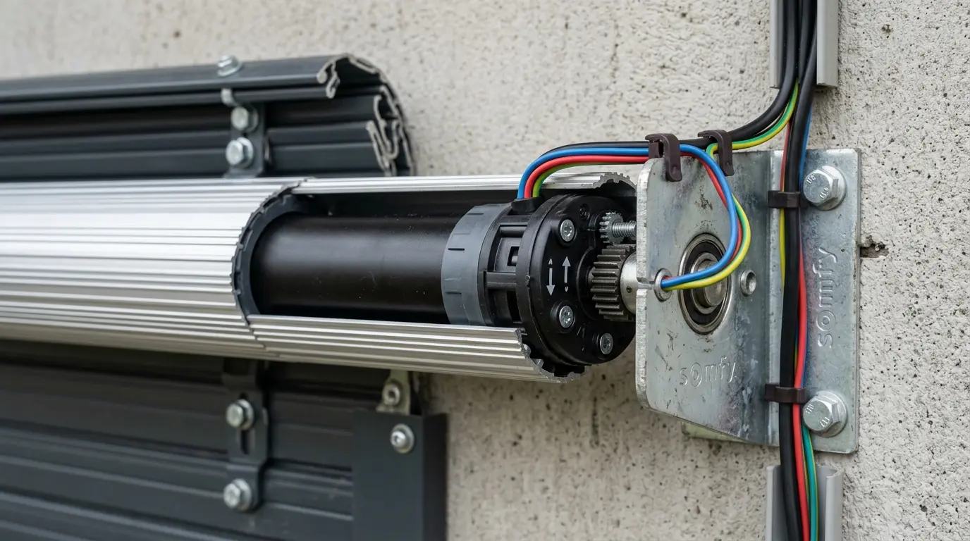 Motor tubular instalado dentro de un eje de 60mm en un salón moderno | PROMPT: Vista lateral de un eje de persiana de 60mm abierto, mostrando cómo el motor tubular de 45mm encaja perfectamente en su interior con sus adaptadores. Se ve el cableado ordenado y el soporte lateral fijado a la pared del cajón. Luz natural suave, enfoque nítido en los componentes metálicos.