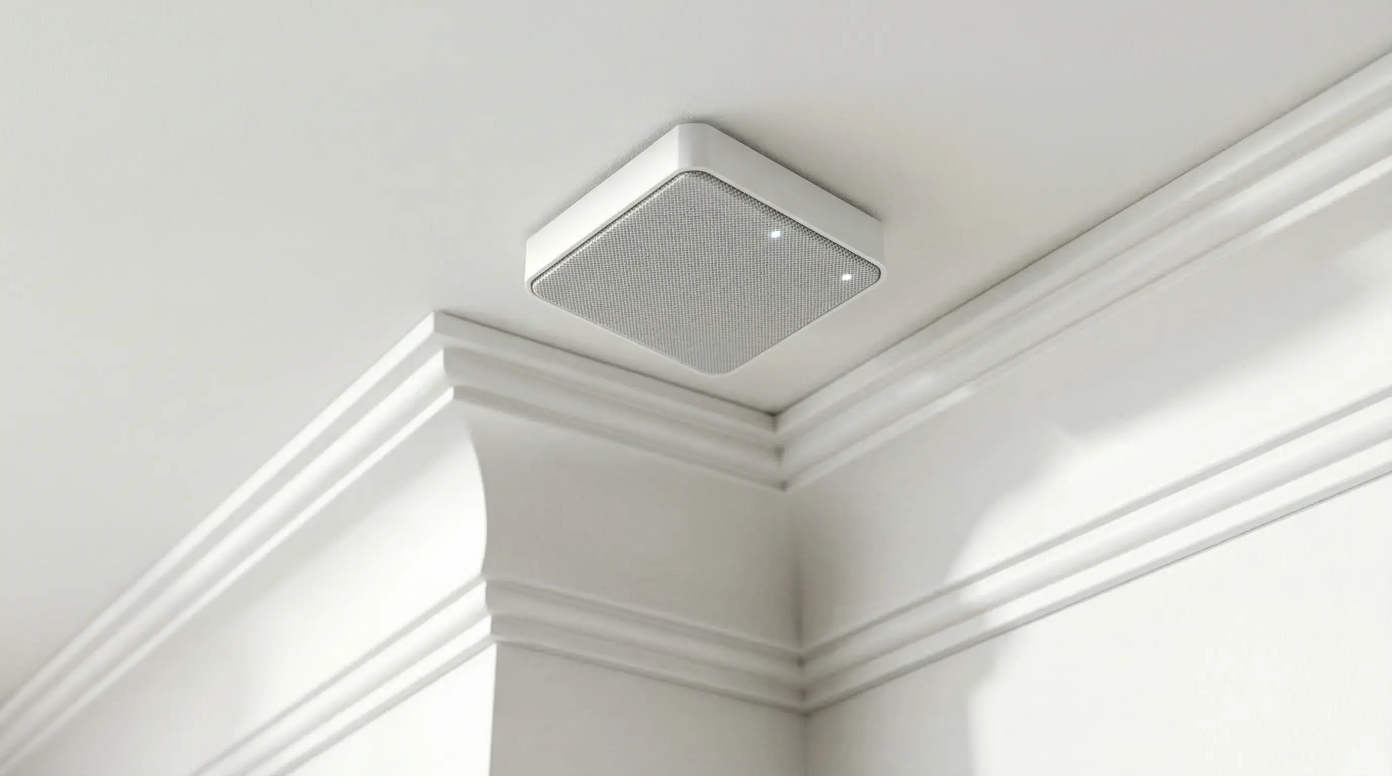 Primer plano de un sensor de ruido minimalista instalado en el techo de un apartamento turístico con molduras clásicas. | PROMPT: Fotografía de detalle de un sensor Layla blanco de diseño circular instalado en un techo blanco con molduras. La luz es suave y natural, mostrando una decoración de interior moderna y nórdica al fondo. Enfoque nítido en el sensor, sin personas, estilo revista de diseño.