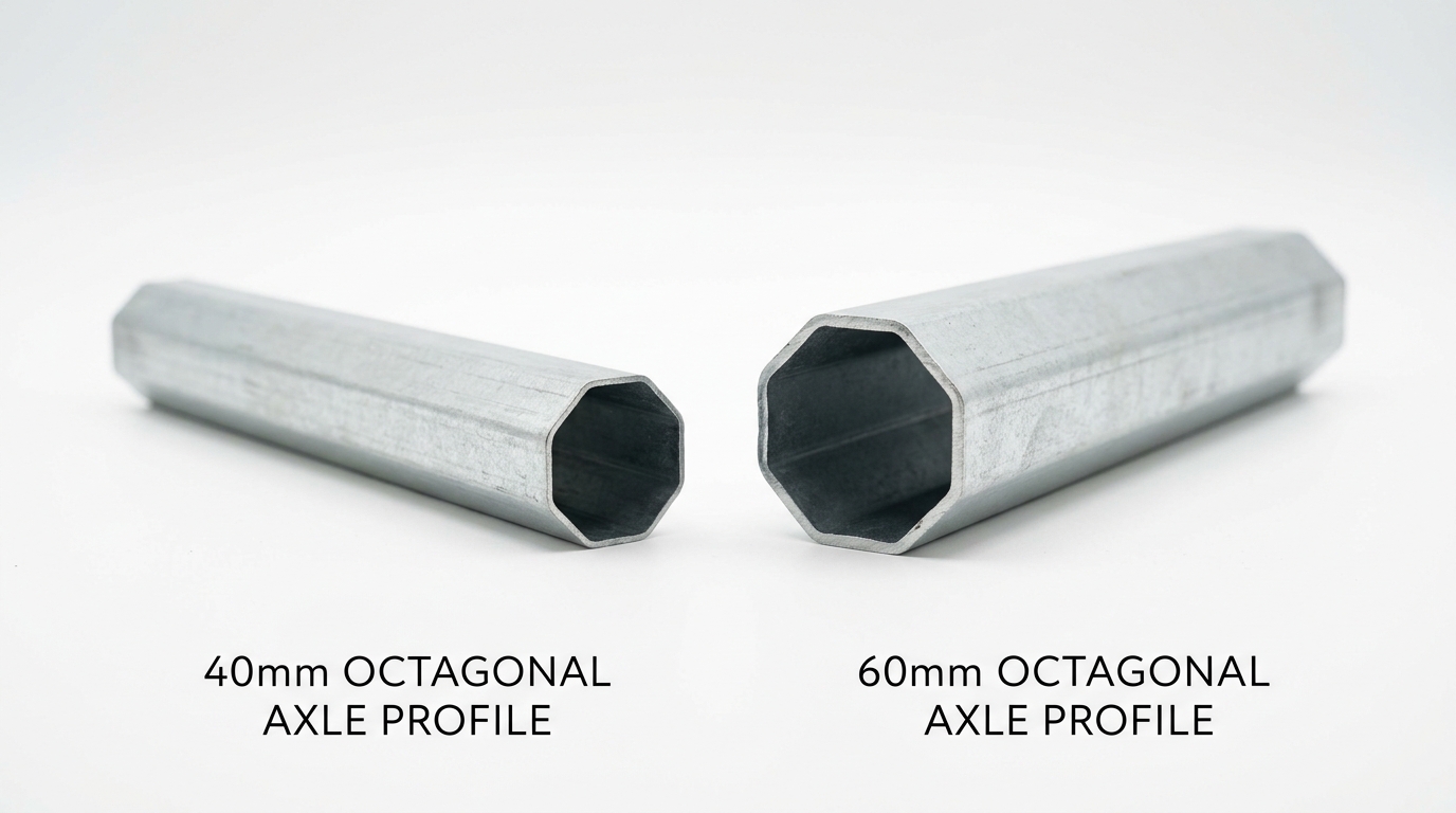 Comparativa visual de ejes de persiana de 40mm y 60mm con cinta métrica | PROMPT: Fotografía de estudio comparando dos perfiles de eje octogonal de persiana: uno de 40mm y otro de 60mm. Una cinta métrica profesional de color amarillo muestra claramente la medida del diámetro. Fondo blanco limpio, iluminación de producto profesional.